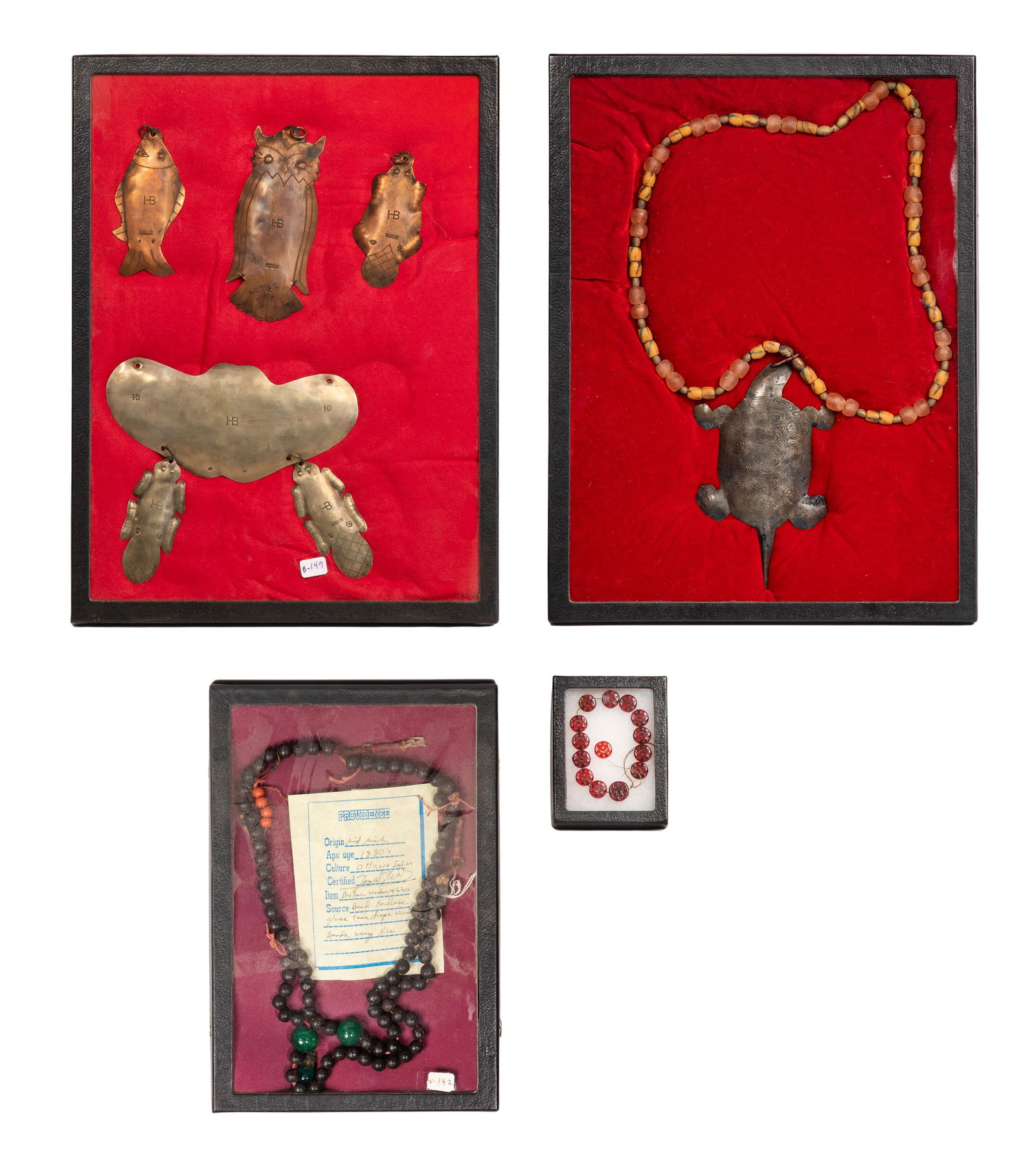 Hudson Bay Indian Trade Gorget and Bead Assortment: Hudson Bay Indian Trade Gorget and Bead Assortment (7) items in three frames including a fish, an owl, a beaver and a larger bat wing style having two pendent beavers, all copper and stamp marked 'HB'