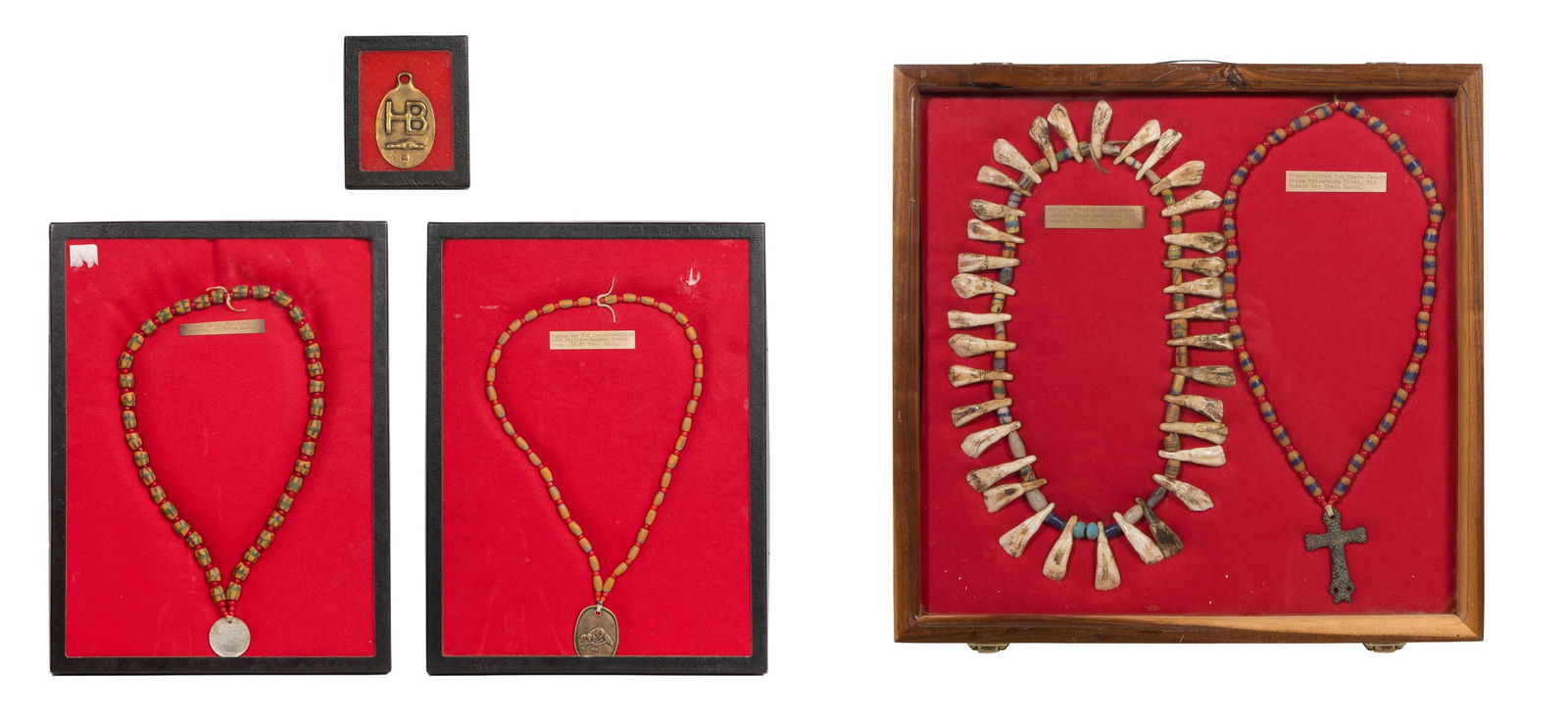 Native American Hudson Bay Trade Bead Necklace and Medallion Assortment: Native American Hudson Bay Trade Bead Necklace and Medallion Assortment (5) total items including a 1768 beaver emblem oval on trade bead necklace and a stylized beaver oval having 'HB' hallmark, a No