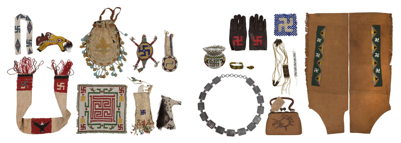 Native American Whirling Log Assortment: Native American Whirling Log Assortment (19) total items including (3) animal fetishes, a pocket watch case, a pouch, a tobacco bag, a necklace, coaster, a beaded textile having eagle motif, a pair of