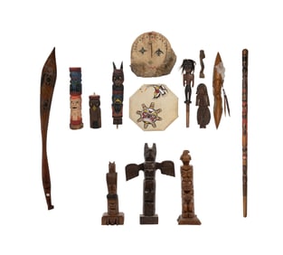 Native American Northwest Coast Totem Pole and Decorative Assortment