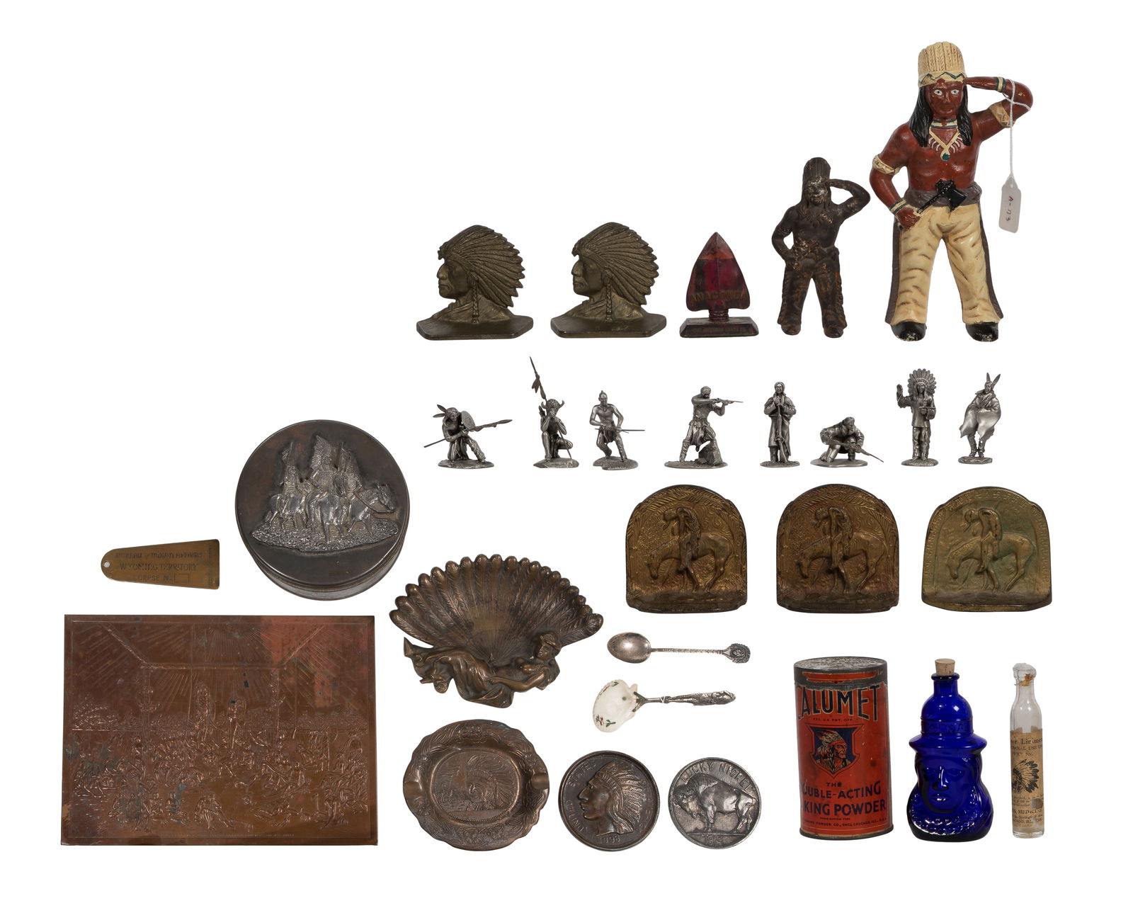 Native American Object Assortment: Native American Object Assortment (26) items Including (8) Hudson pewter figurines, (2) bookend sets, a singe bookend, an Anaconda Brass Co. desk top decoration, (2) cast iron still banks, (2) table c