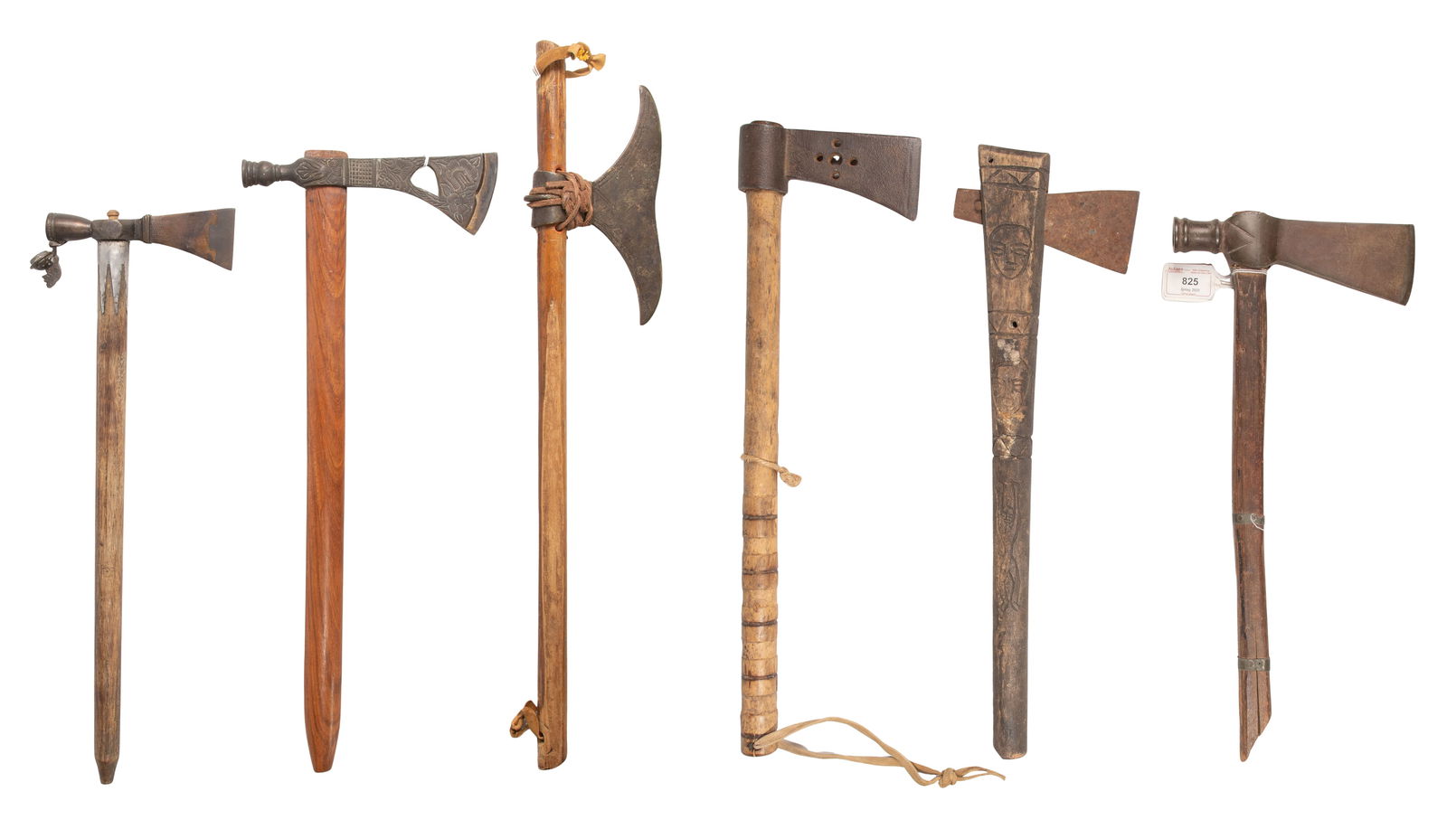 Native American Tomahawk Pipes: Native American Tomahawk Pipes (6) total items including (3) presentation tomahawk pipes having metal heads and wood shafts; together with (3) tomahawks Property from: an Estate, Downers Grove, Illino