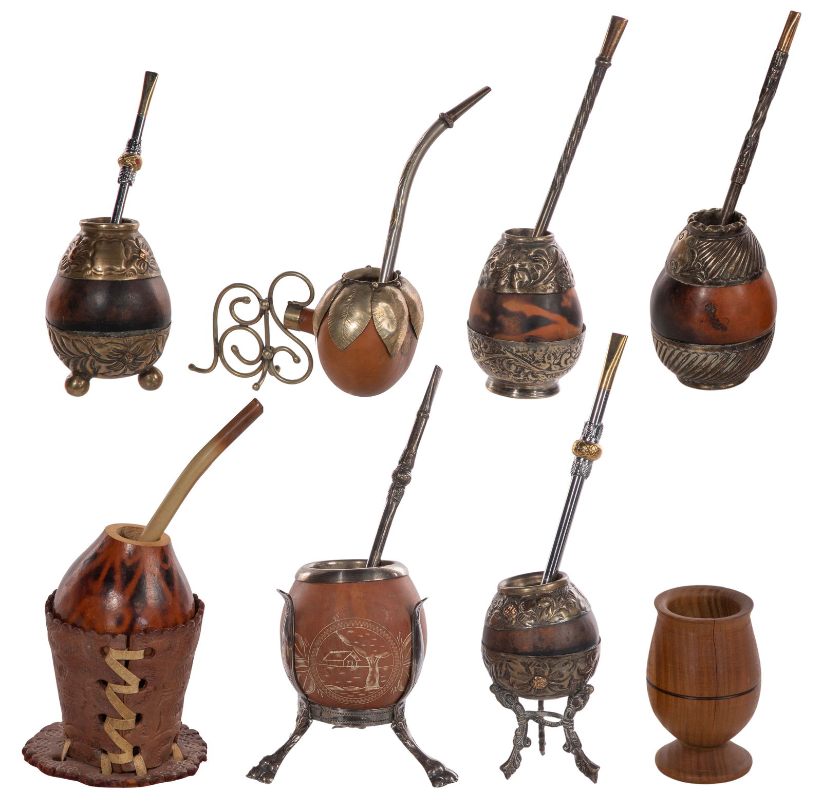 Mate Cup and Bombilla Assortment: Mate Cup and Bombilla Assortment (15) items including (8) mate cups having calabash gourds or wood cups, some featuring intricate carvings, leather wraps and metal bases as well as (7) metal drinking