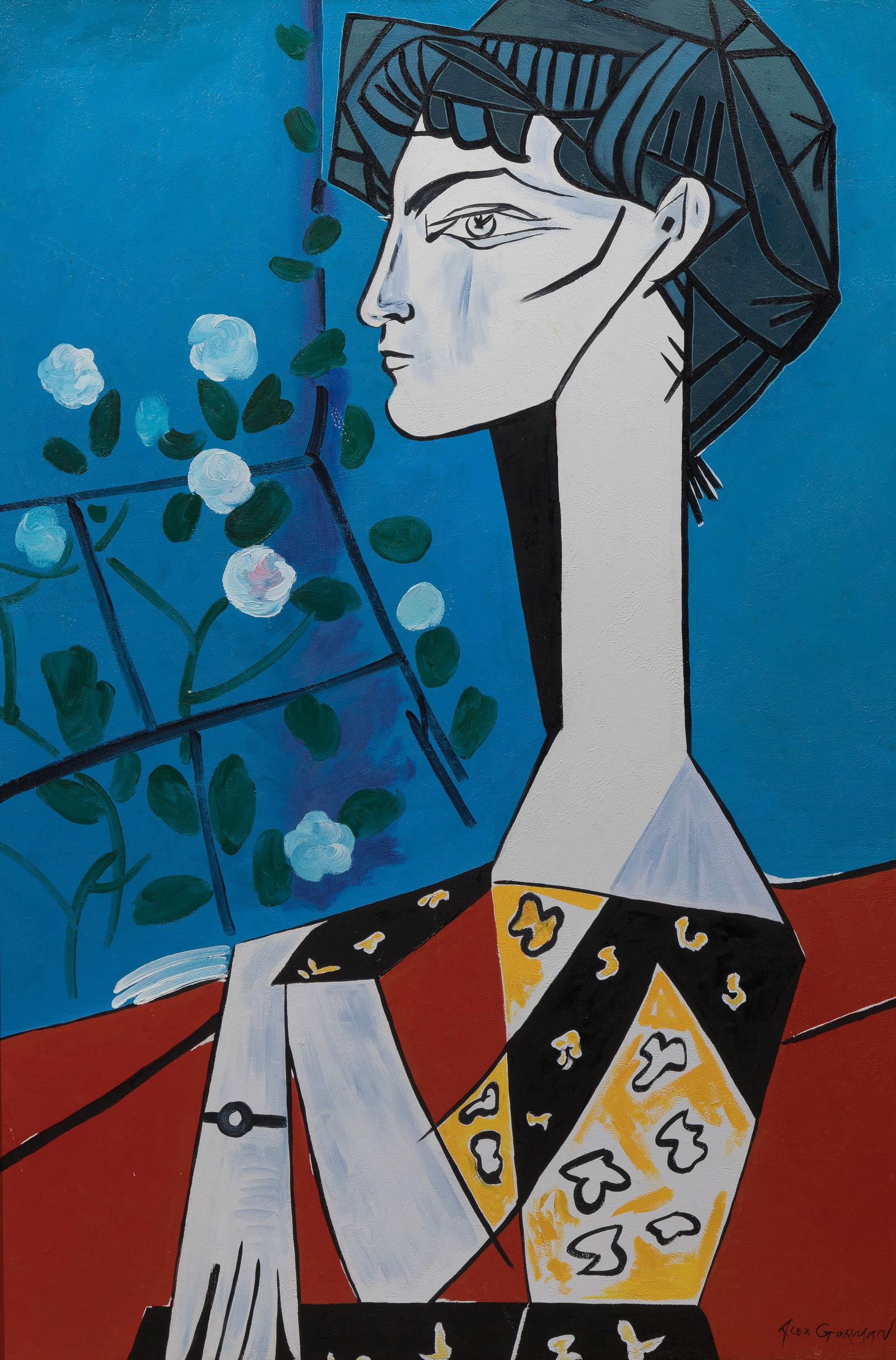 After Pablo Picasso (Spanish, 1881-1973) "Jacqueline with Flowers" Oil on Canvas: After Pablo Picasso (Spanish, 1881-1973) 'Jacqueline with Flowers' Oil on Canvas Undated copy after the 1954 oil on canvas by Picasso, signed 'Alex Gorman' lower right, depicting a figure in profile,