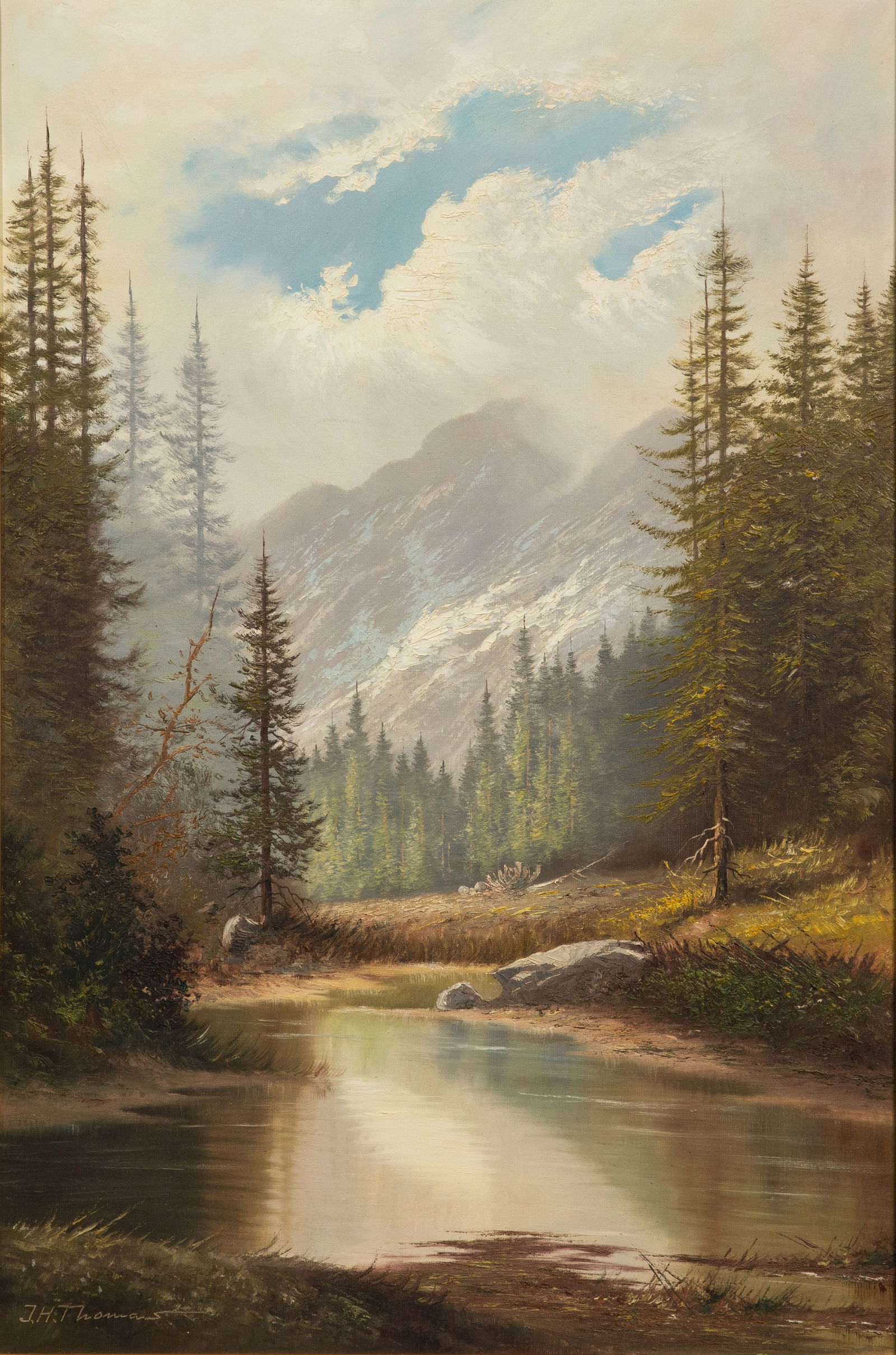 Joseph Heinrich Thomas (German, 20th Century) Oil on Canvas: Joseph Heinrich Thomas (German, 20th Century) Oil on Canvas Undated, signed, depicting a mountainous landscape, matted in a gold-tone wood frame having artist placard Property from: an Estate, Wilmett