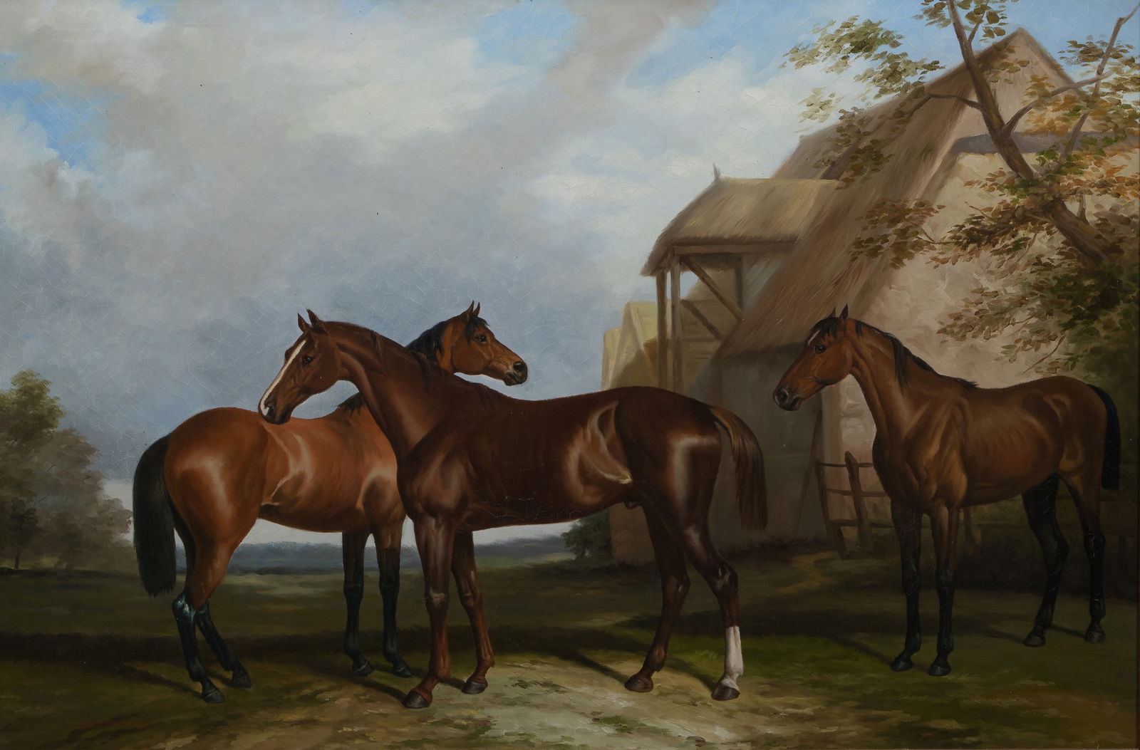 Leo Rawlings (English, 1918-1990) Oil on Canvas: Leo Rawlings (English, 1918-1990) Oil on Canvas Undated, signed lower left, equestrian view of three horses in a stable yard, in a gold-tone accented composite on carved wood frame Property from: an E
