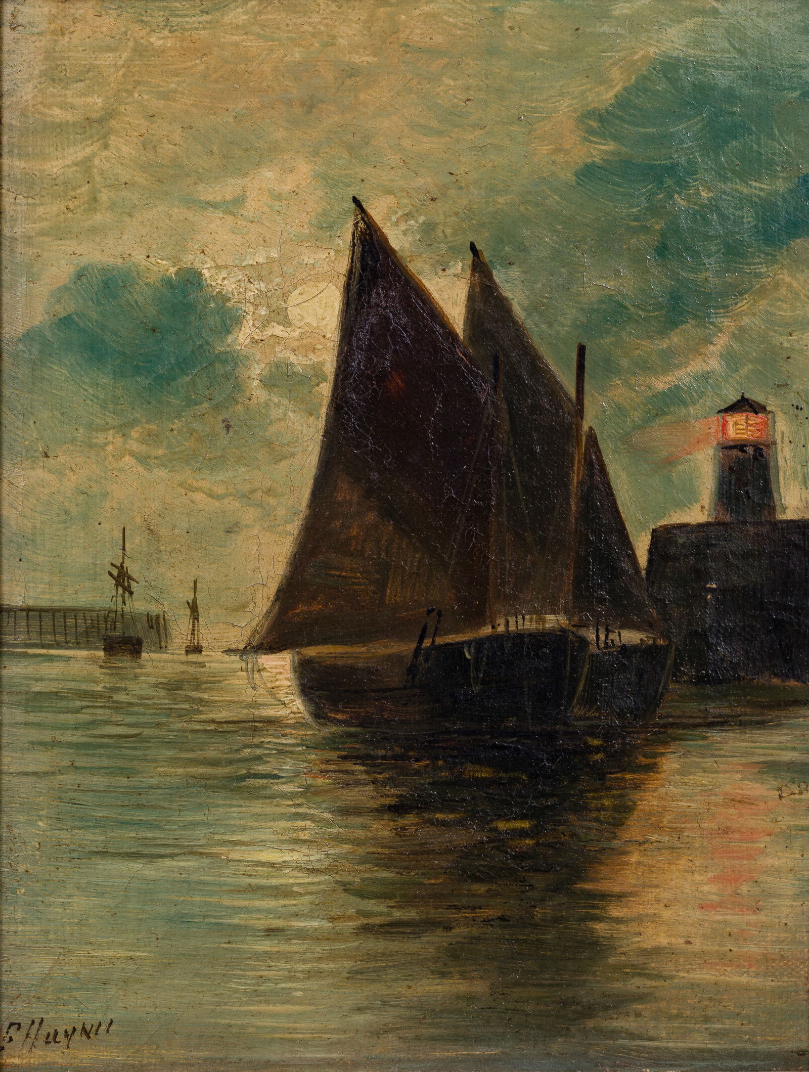 Unknown Artist (19th Century) Oil on Canvas: Unknown Artist (19th Century) Oil on Canvas Undated, illegibly signed, depicting a harbor scene, in a gold-tone painted wood frame, some notations verso Property from: an Estate, Wilmette,