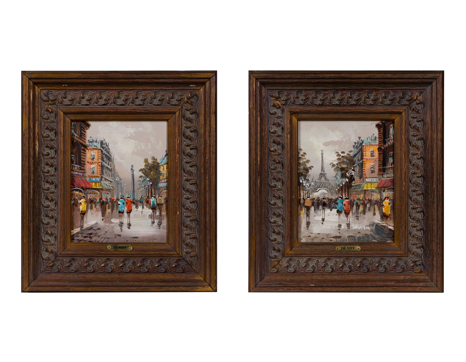 Antonio DeVity ( Italian, 1901-1993) Oils on Canvas: Antonio DeVity ( Italian, 1901-1993) Oils on Canvas (2) undated, unsigned items, depicting Parisian street scenes, in copper painted frames having artist name placards, biography on back 