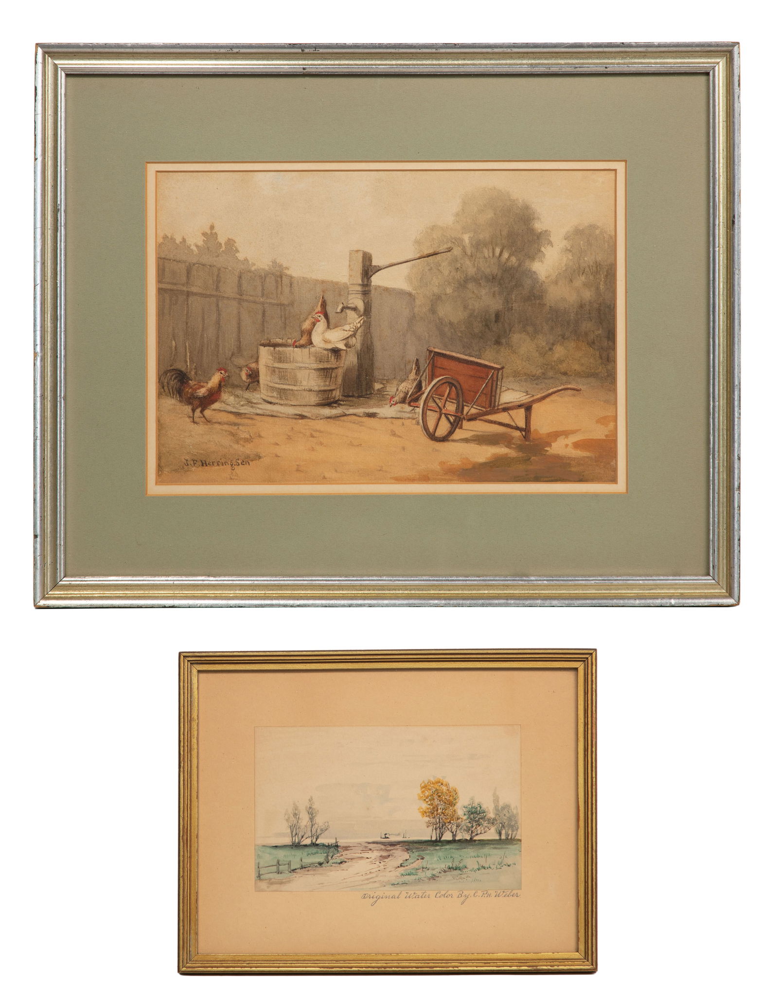 John Frederick Herring, Sr. (British, 1795-1865) Watercolor: John Frederick Herring, Sr. (British, 1795-1865) Watercolor (2) total items including an undated depiction of a barnyard scene having chickens, signed 'J. F. Herring Sen', matted behind glass in a