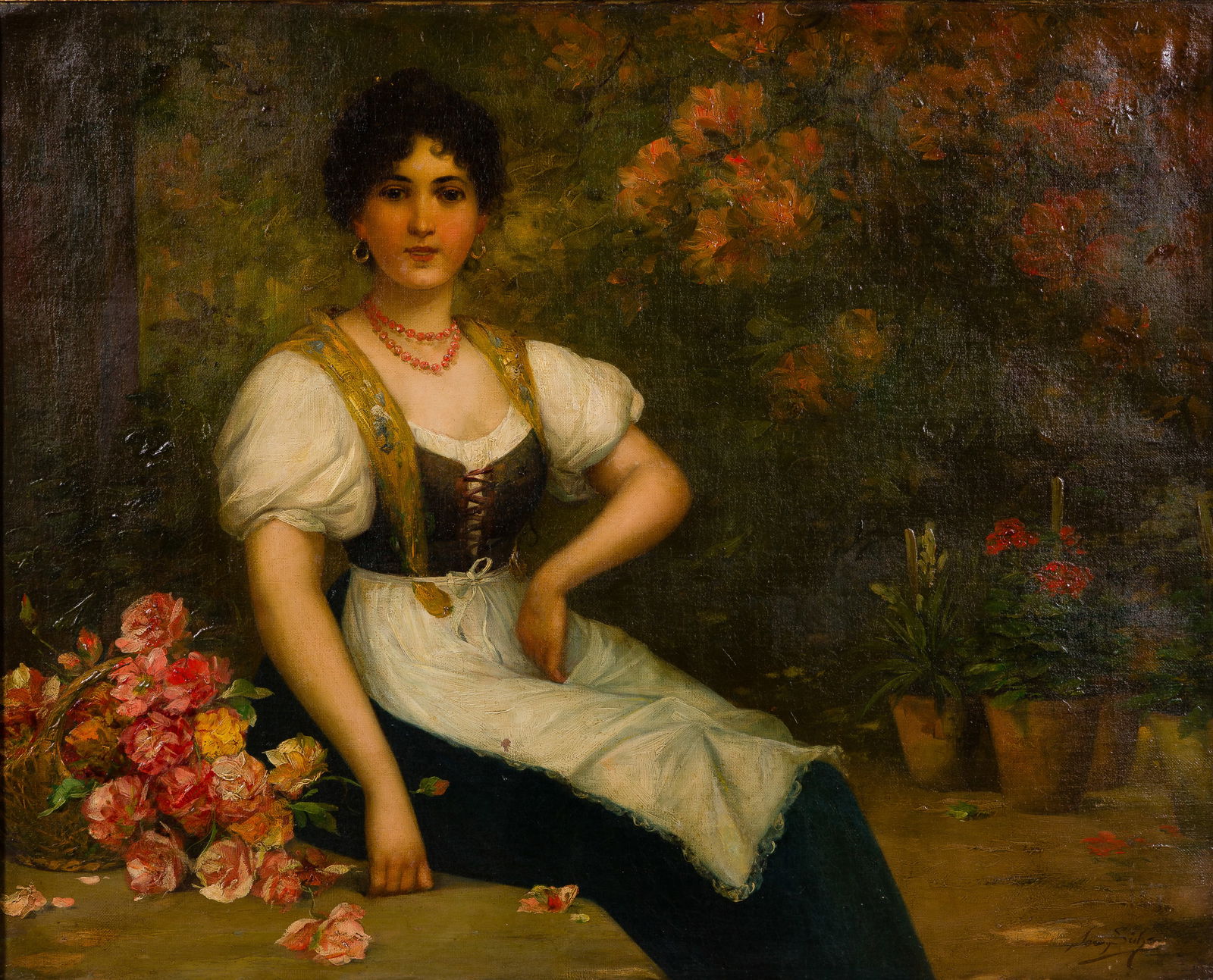 Josef Suss (Austrian, 1867-1937) Oil on Canvas: Josef Suss (Austrian, 1867-1937) Oil on Canvas Undated, signed, portrait of a seated young woman in a garden, in a gold-tone painted frame Property from: an Estate, Wilmette, Illinois 