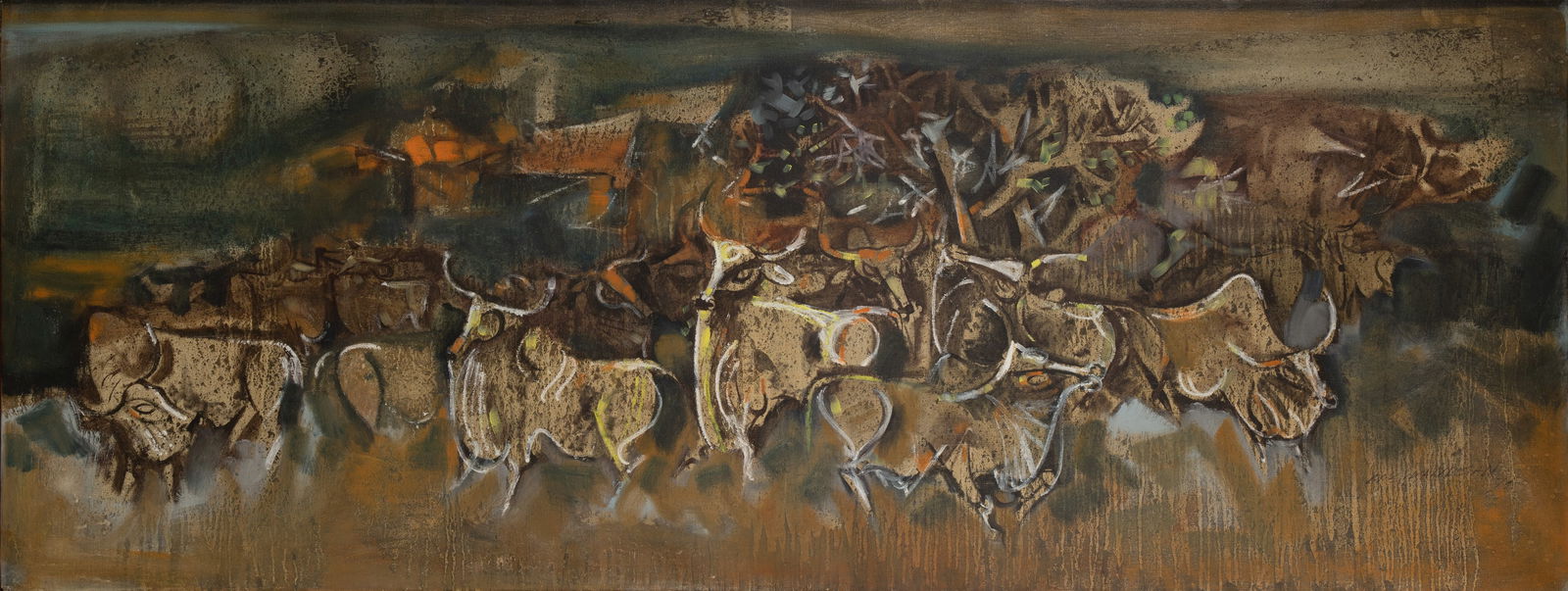M. Sivanesan (Indian, 1940-2015) Oil on Canvas: M. Sivanesan (Indian, 1940-2015) Oil on Canvas 1972, signed, a depiction of long horned cattle, stretched in a wood frame Property from: an Estate, Mt. Horeb, Wisconsin Height: 27 inches,