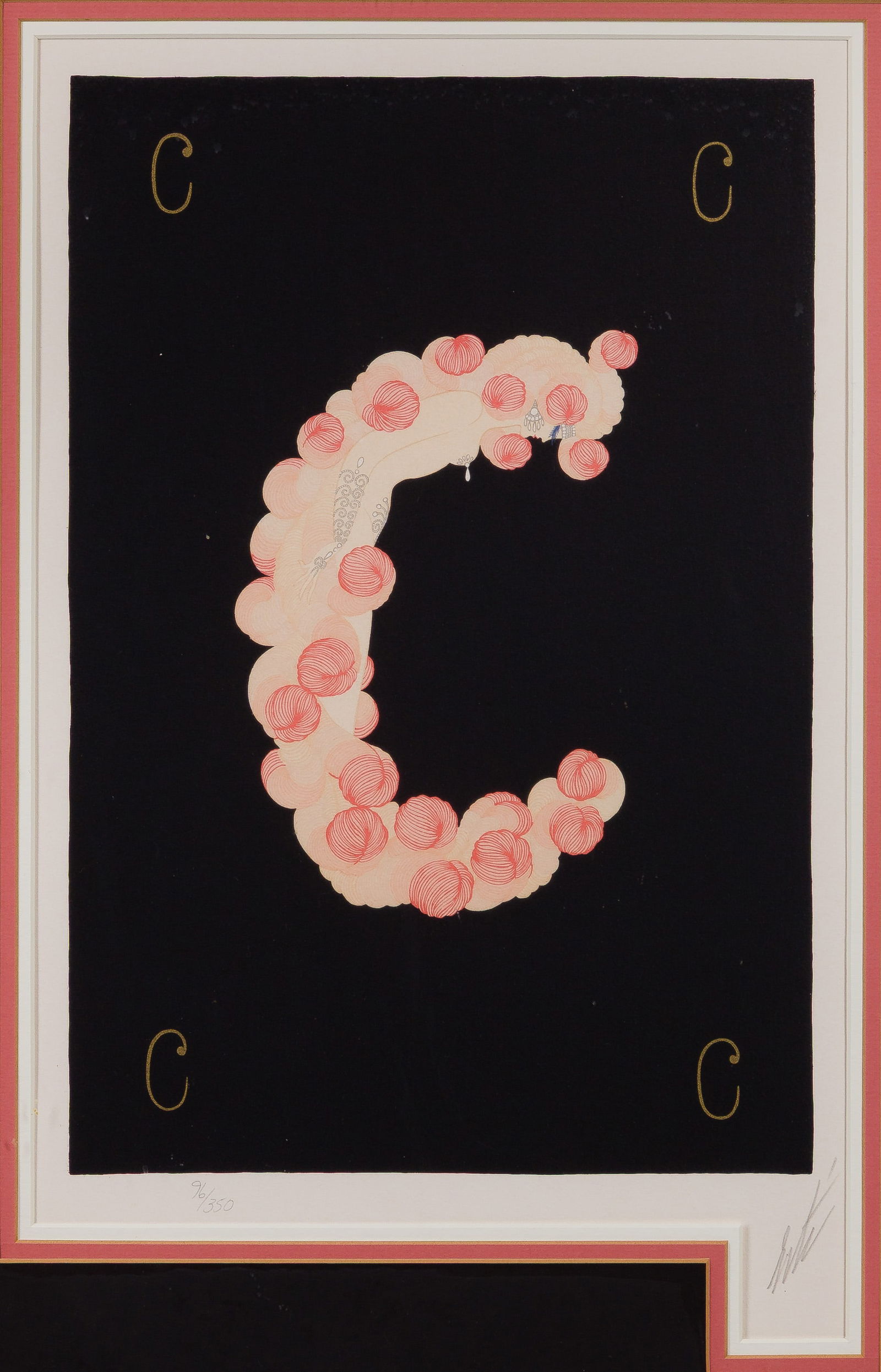 Romain de Tirtoff 'Erte' (Russian / French, 1892-1990) 'The Letter C' Lithograph: Romain de Tirtoff 'Erte' (Russian / French, 1892-1990) 'The Letter C' Lithograph Undated, signed, #96/550, from 'The Alphabet Suite', matted under glass in a gold-tone painted wood frame 