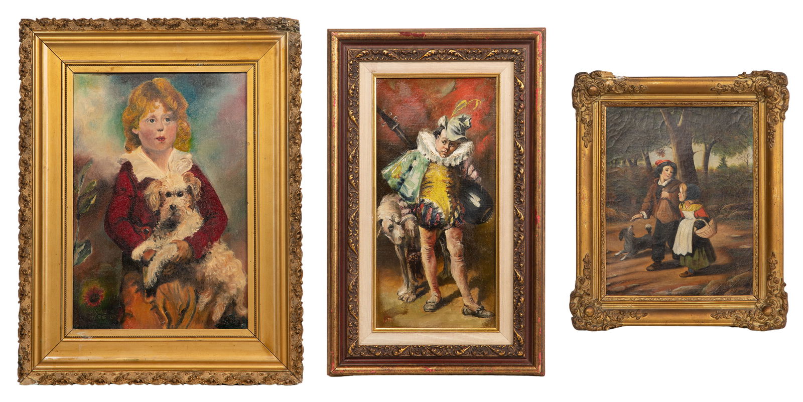 Michael Barrington (American, 20th Century) Oil on Canvas: Michael Barrington (American, 20th Century) Oil on Canvas (3) total items including an undated Barrington portrait of a girl and her dog, signed; together with an undated, signed 'C. Pierrot'