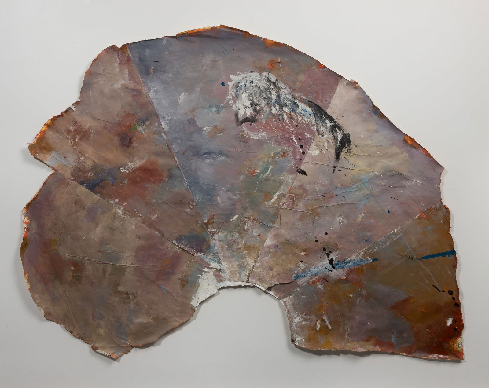 Attributed to Hubert Scheibl (Austrian, b.1952) Oil on Paper: Attributed to Hubert Scheibl (Austrian, b.1952) Oil on Paper Undated and unsigned, roughly torn edged folding fan shape of assembled wedge shapes cut from sheet music, painted leaving occasional glimp