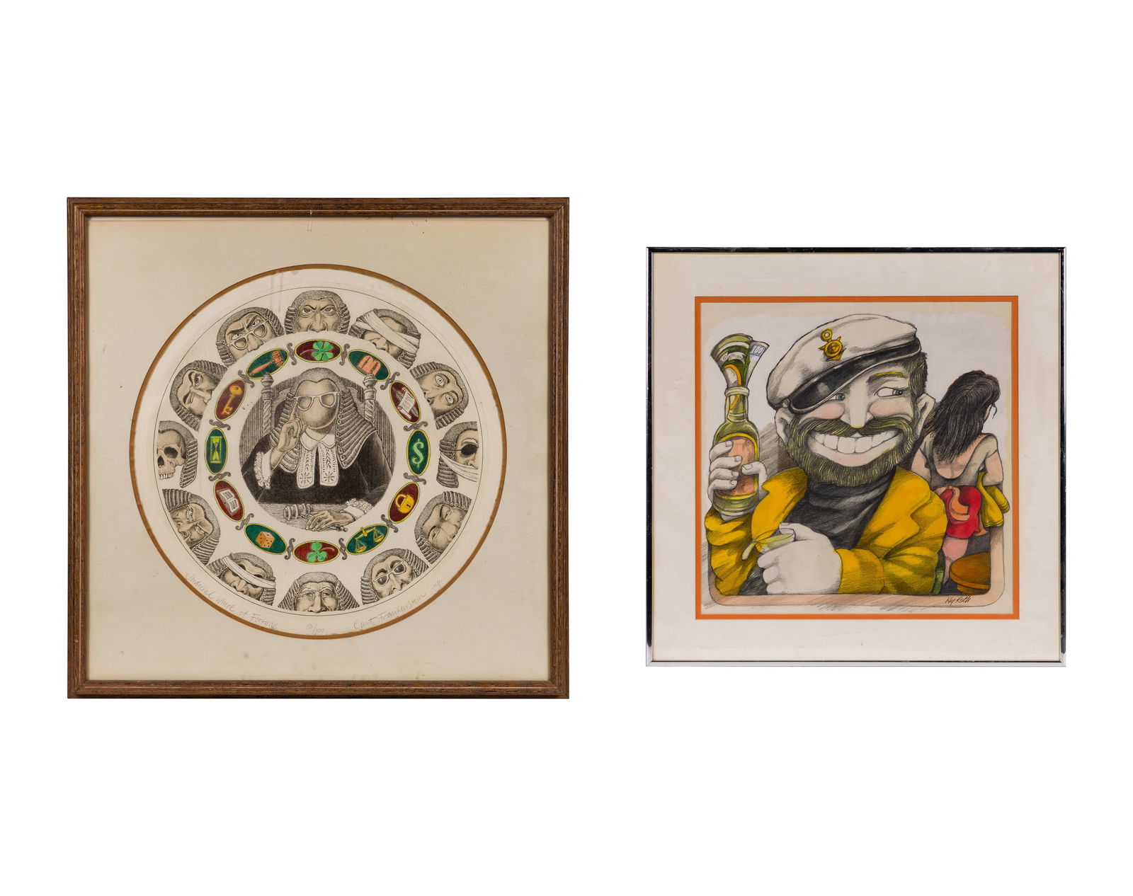 Curt Frankenstein (American, 1920-2009) 'Judicial Wheel of Fortune' Etching: Curt Frankenstein (American, 1920-2009) 'Judicial Wheel of Fortune' Etching (2) total items including an undated Frankenstein, pencil signed and #50/100, having hand-colored elements, matted