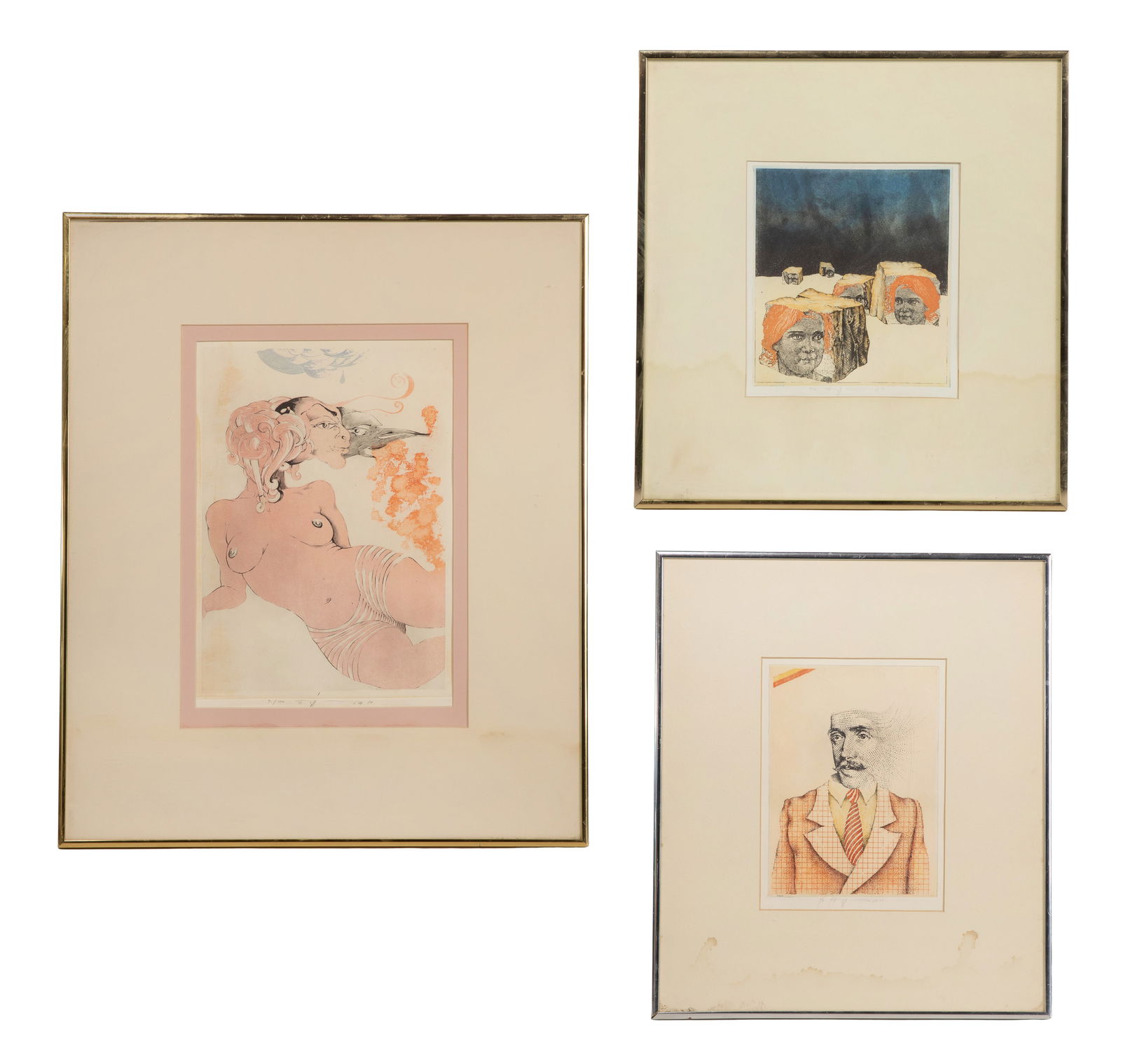 W. P. Eberhart Eggers (German, 1939-2004) Color Etching Assortment: W. P. Eberhart Eggers (German, 1939-2004) Color Etching Assortment (3) signed items including 1971 'Lysistrata' #91/100, a 1973 'Inventor of the Rainbow' #1/0 and 1973 'Twins' #10/80, all matted