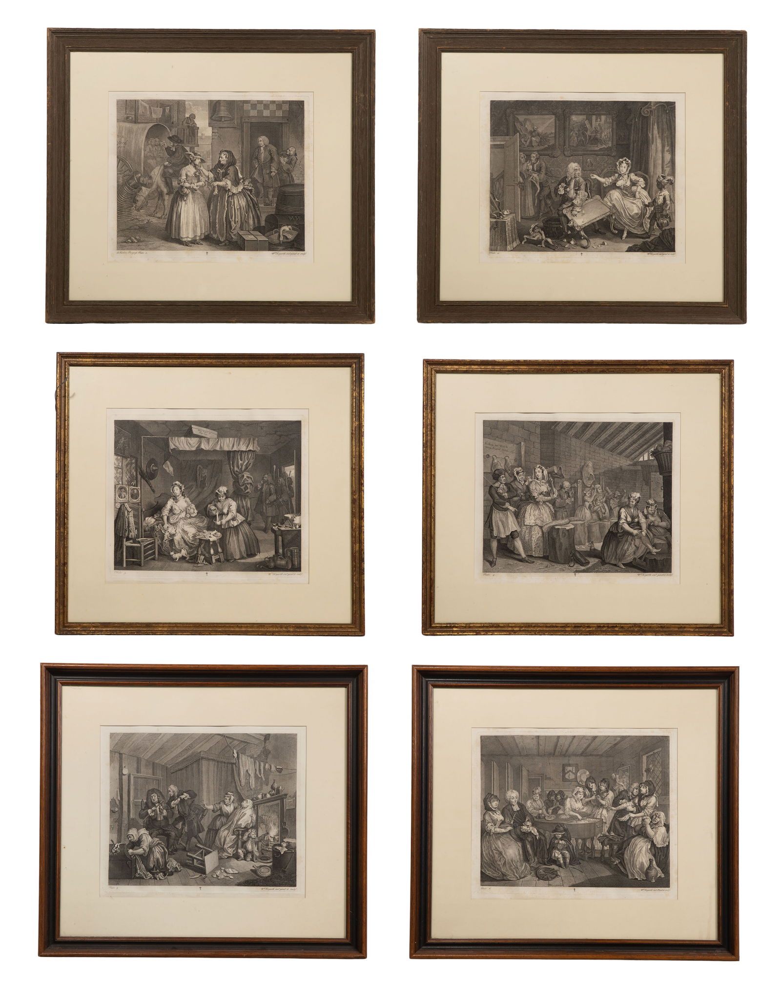 William Hogarth (English, 1697-1764) 'A Harlot's Progress' Etching Series: William Hogarth (English, 1697-1764) 'A Harlot's Progress' Etching Series (6) plates, 1732, etchings and engravings, on laid paper, fine impressions from a later state having roman cross in