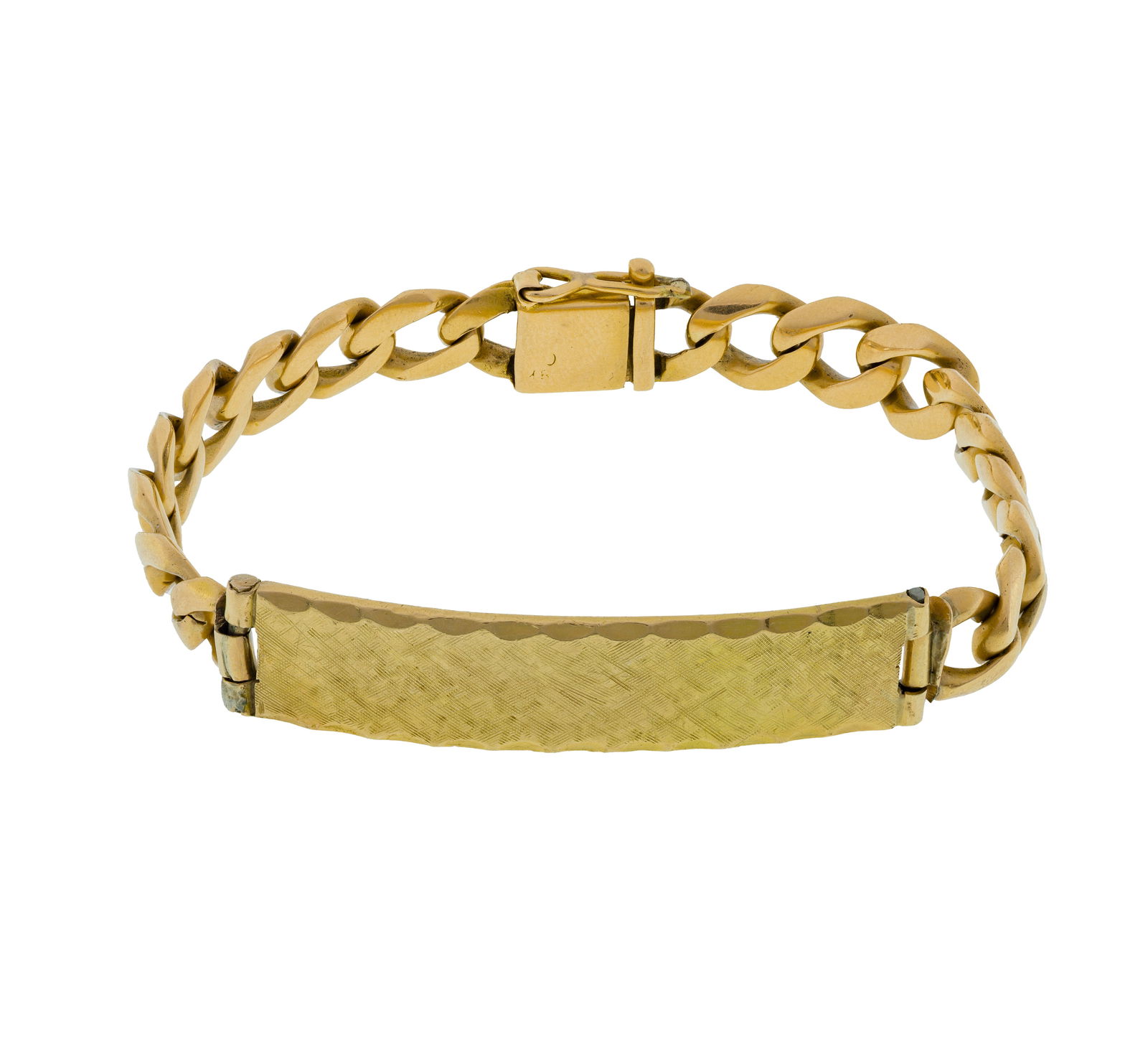 18k Yellow Gold Identification Bracelet: 18k Yellow Gold Identification Bracelet Having a brushed front on a curb link chain with safety clasp (poorly marked '8k' on tongue of clasp) Property from: an Estate, Johnsburg, Illinois 