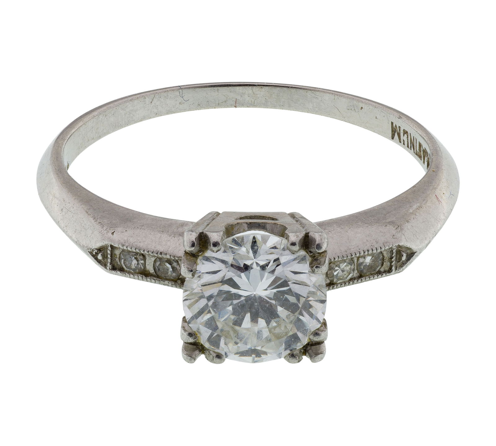 Peacock Platinum and Diamond Ring: Peacock Platinum and Diamond Ring Having a round cut diamond approximately 1.05 carats (6.6 x 3.5mm), G/H color, SI clarity, no fluorescence noted (marked 'platinum') Property from: an Estate,