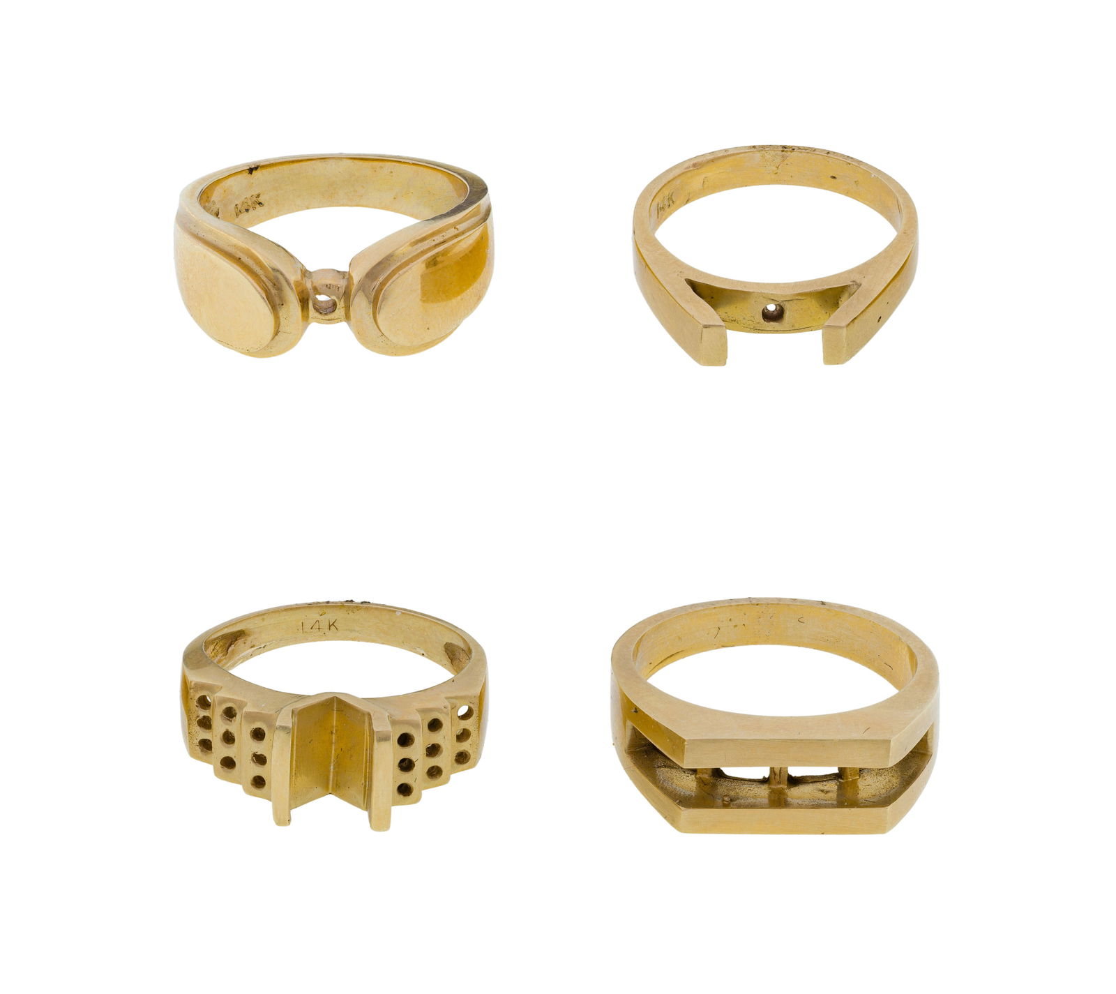 14k and 10k Yellow Gold Ring Setting Assortment: 14k and 10k Yellow Gold Ring Setting Assortment (4) items including (2) having space for a single gemstone and (1) having space for a single gemstone and stepped side for eighteen round cut gemstones