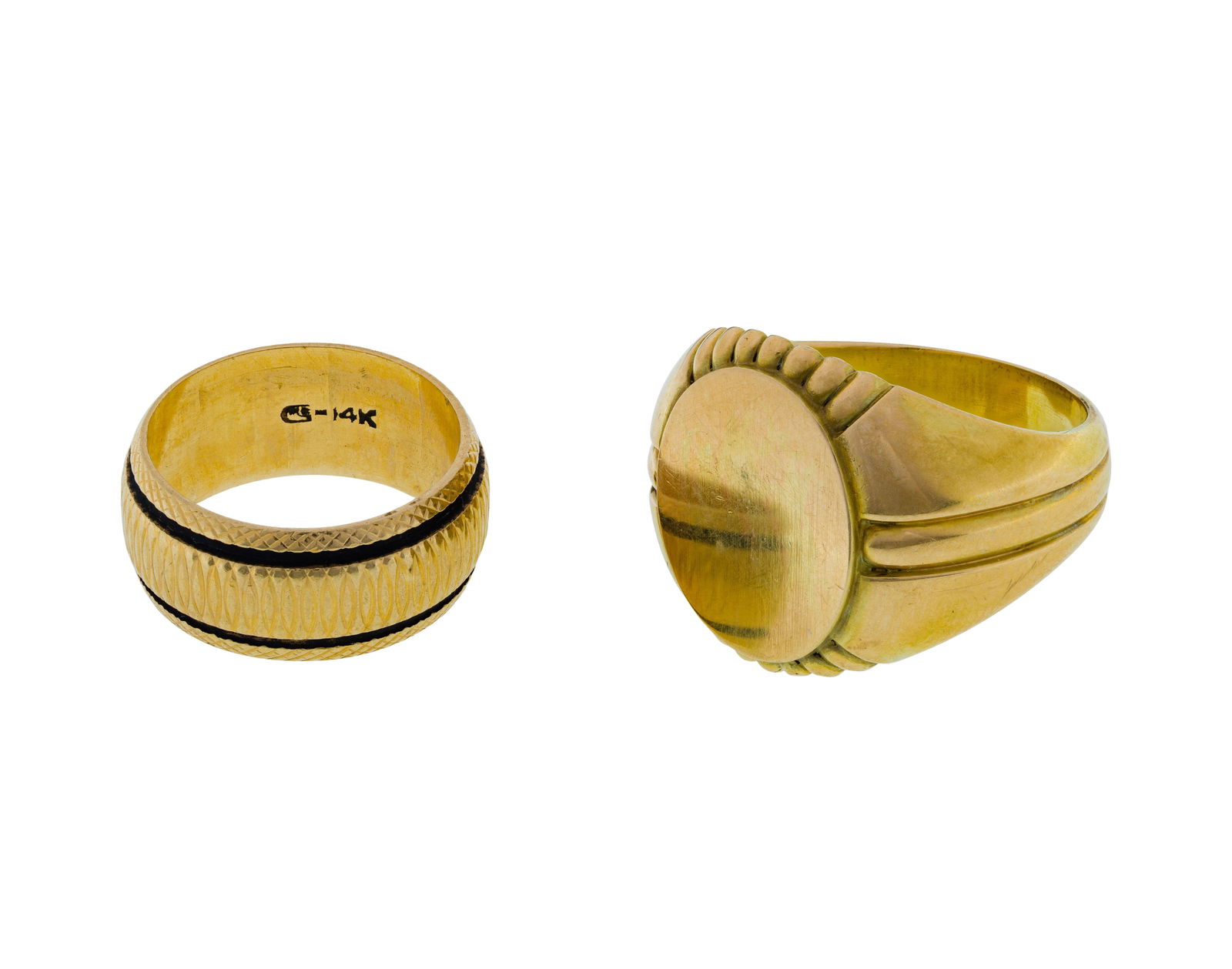 14k Yellow Gold Rings: 14k Yellow Gold Rings (2) items including a signet ring having a polished front and a band having interlocking loops (both marked '14k') Property from: an Estate, Johnsburg, Illinois Size: 10.5
