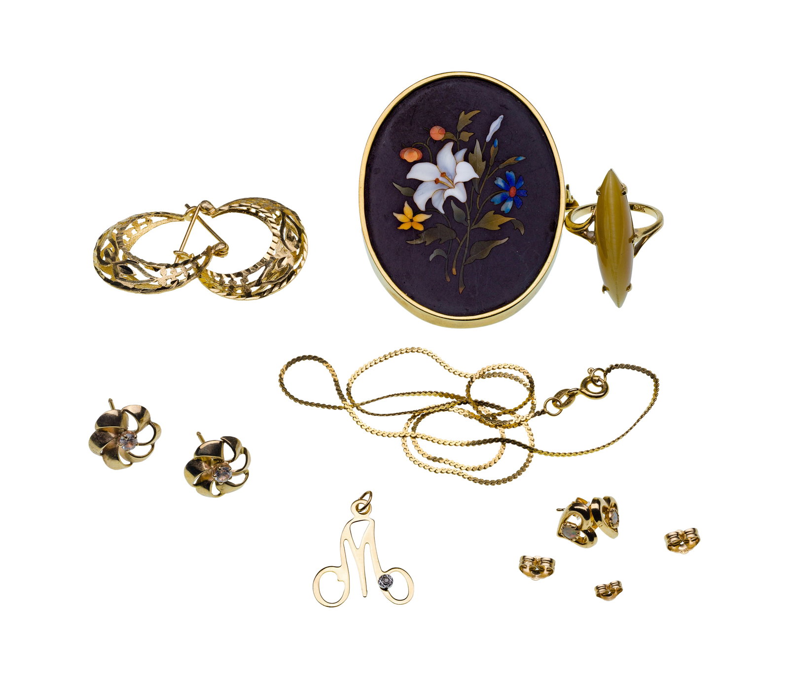 14k and 10k Yellow Gold Jewelry Assortment: 14k and 10k Yellow Gold Jewelry Assortment (13) items including (2) pairs of pierced earrings, a chain style necklace, a gemstone ring, a painted pin, a pendant and (3) earring backers (most marked '1
