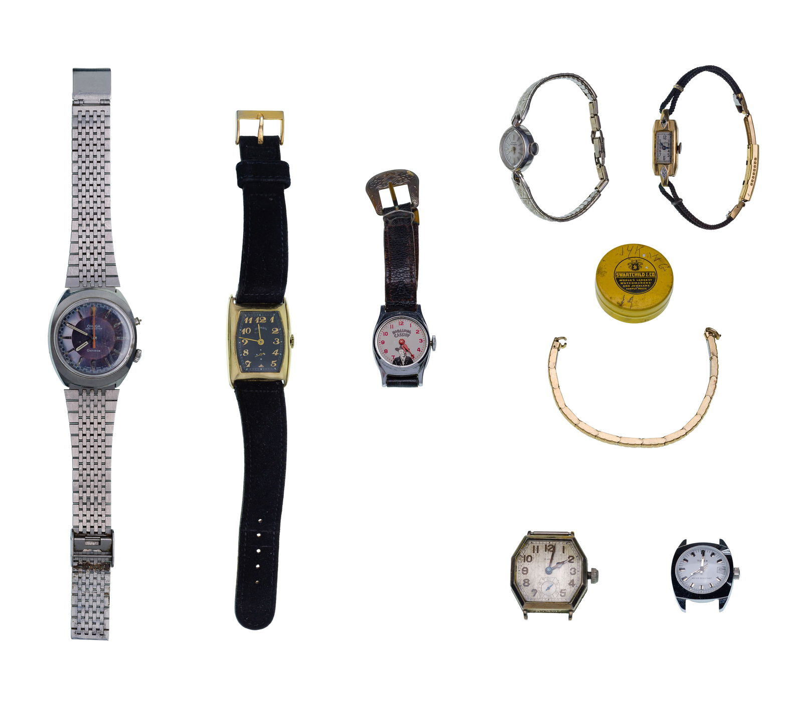 Omega, Illinois 14k Gold Case, Elgin and Wristwatch Assortment: Omega, Illinois 14k Gold Case, Elgin and Wristwatch Assortment (8) items including an Omega Chronostop ref. #145.009 17-jewel movement, a 1929 Illinois serial #S3977176, 17-jewel movement (case marked