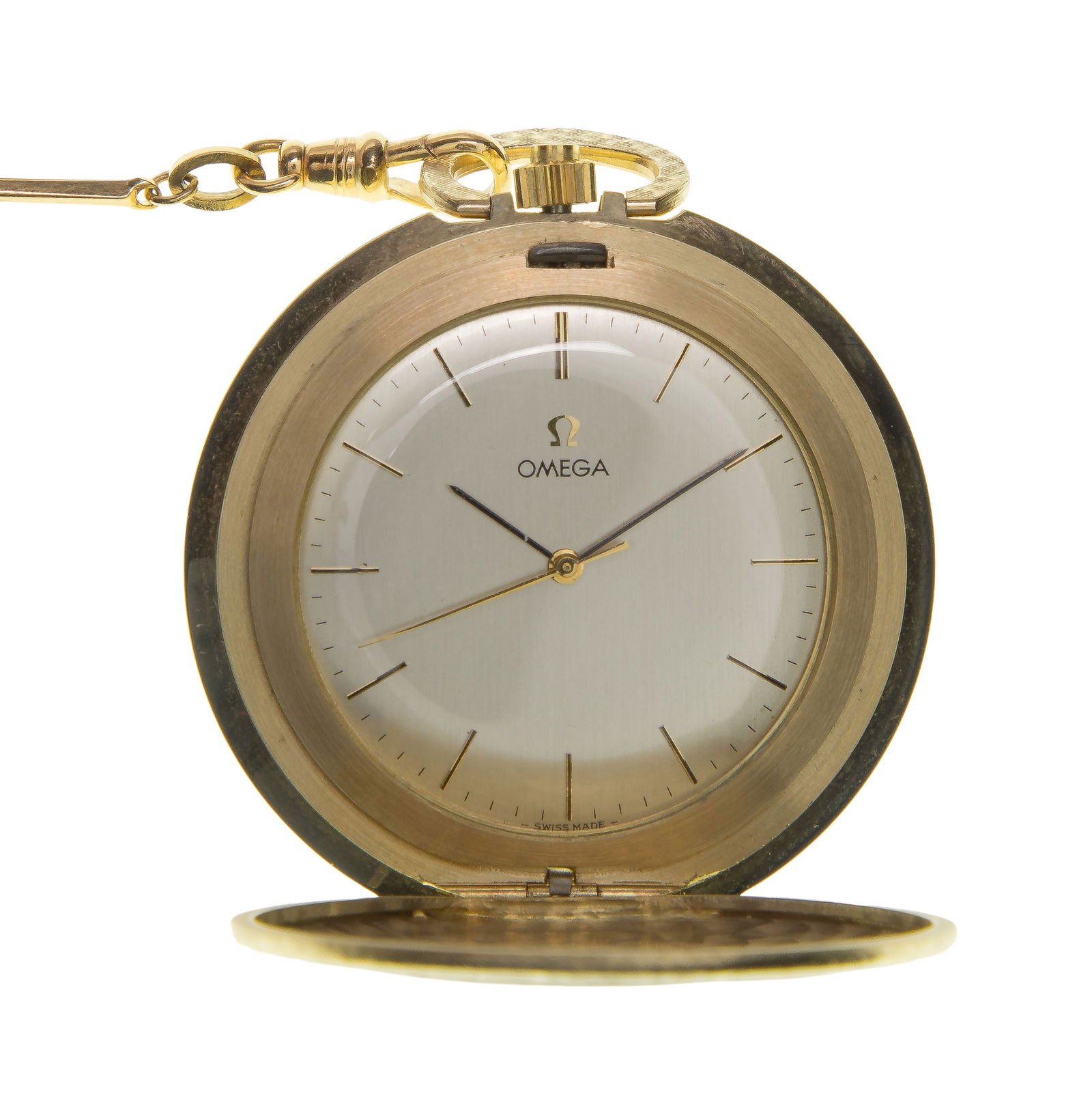 Omega 14k Yellow Gold Hunter Case Pocket Watch and Chain: Omega 14k Yellow Gold Hunter Case Pocket Watch and Chain Serial #32684070 dating to 1971, 17-jewel Swiss movement, original boxes (marked '14k' on inside back of case and clasp) Property from: an Esta