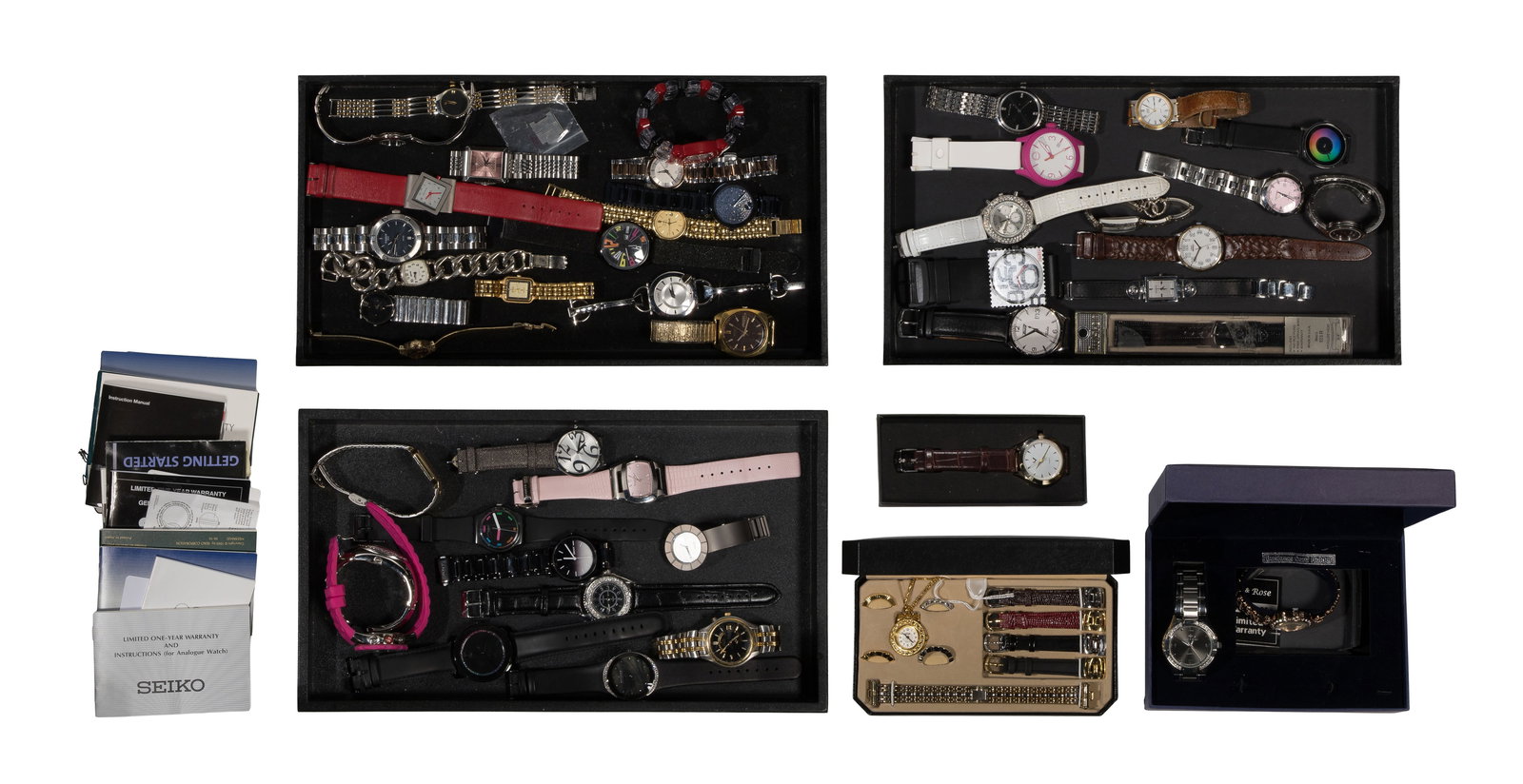 Wristwatch Assortment: Wristwatch Assortment (45) items of various shapes, sizes, styles including brands such as, Movado, Tissot, Swatch, Seiko and Tiffany, some in original boxes, some having papers Property from: