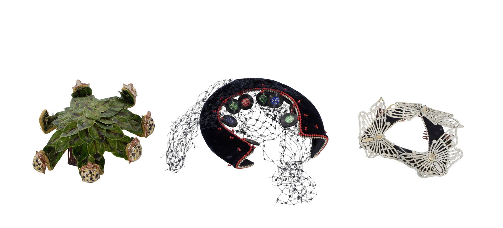 Bes-ben Hat Assortment: Bes-ben Hat Assortment (3) items including a triangle hat having three white beaded butterflies, a horseshoe form having white and red beads, netting and various miniature albums and a round leaf