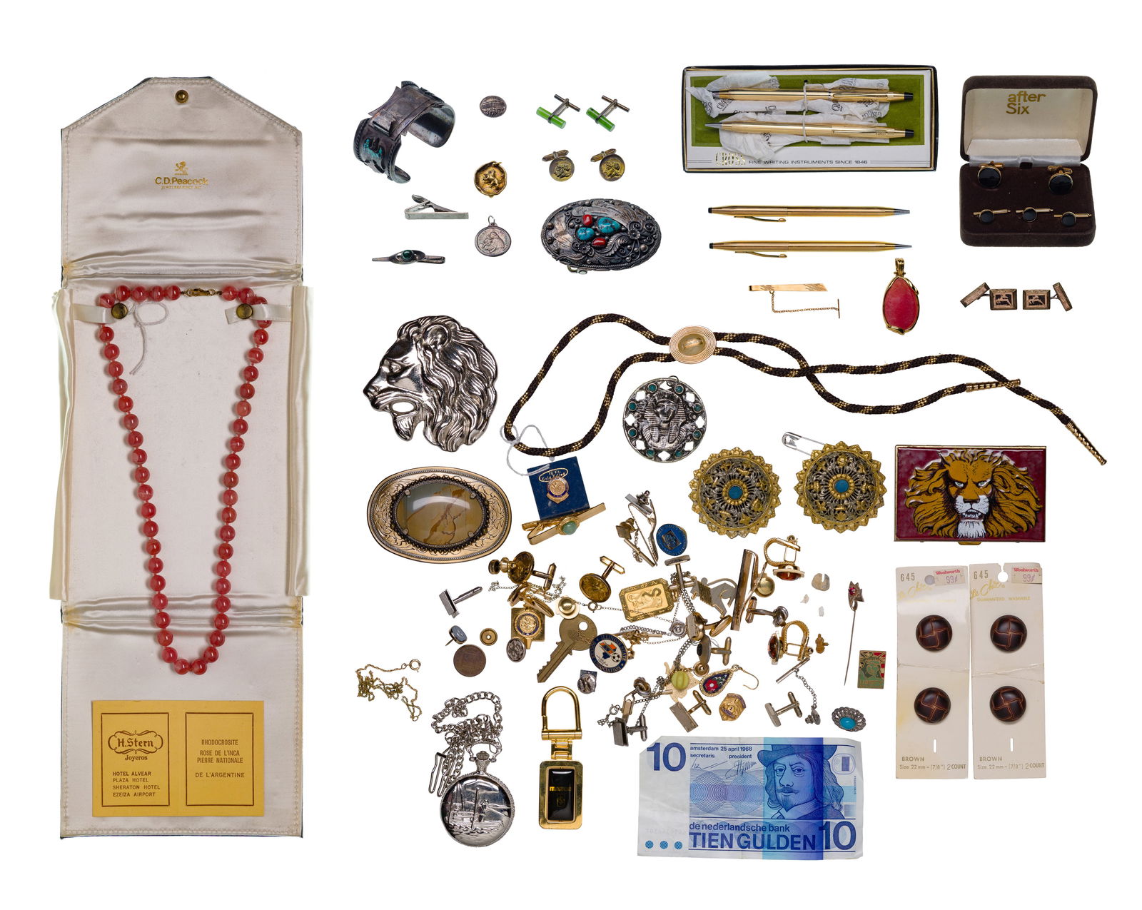 Gold, Silver and Costume Jewelry Assortment: Gold, Silver and Costume Jewelry Assortment Including a tie clasp (marked '18k'), a gemstone pendant (unmarked 14k) as well as a belt buckle, cufflinks, a bracelet (unmarked sterling, 0.850 and