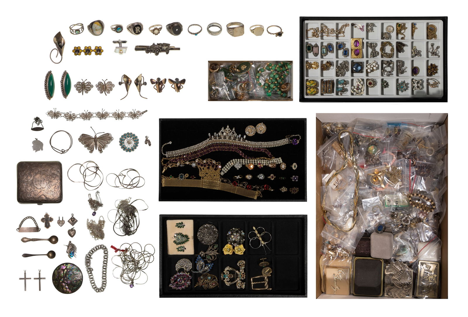 Sterling Silver, Rhinestone and Costume Jewelry Assortment: Sterling Silver, Rhinestone and Costume Jewelry Assortment Including chain necklaces, pendants, bracelets, brooches, pins, a cigarette case, earrings and rings (most marked '925'), fashion