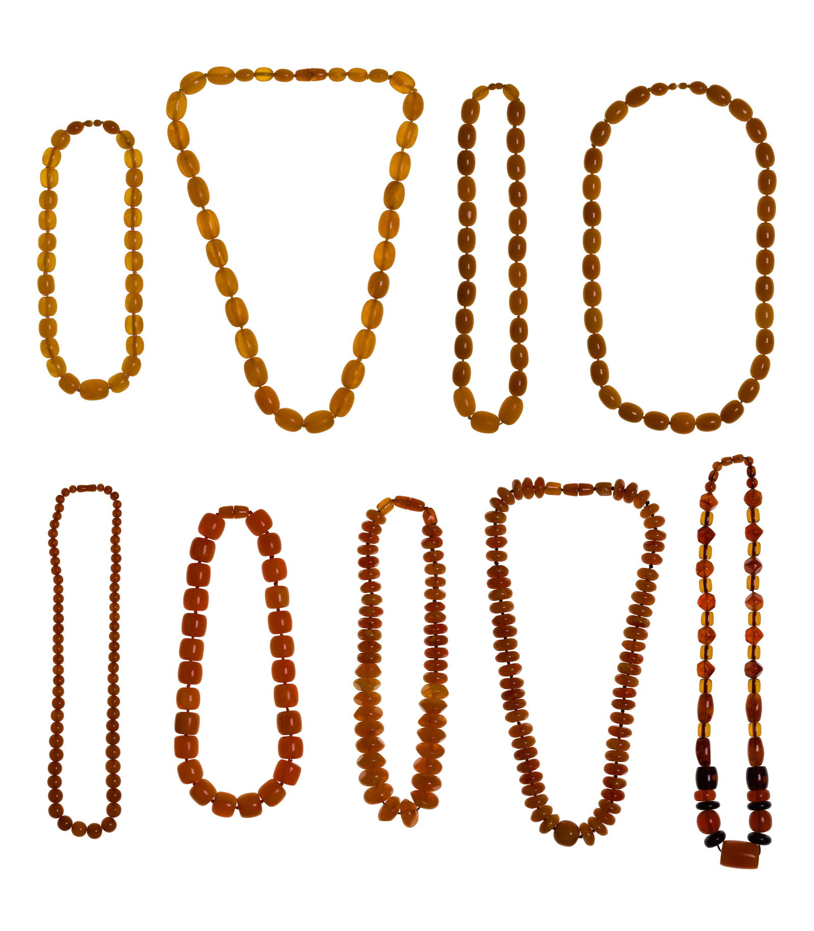 Amber Style Necklace Assortment: Amber Style Necklace Assortment (9) items of various sizes, colors and lengths Property from: a Private Collector, Addison, Illinois Length: 25 inches (longest) Condition: no damage