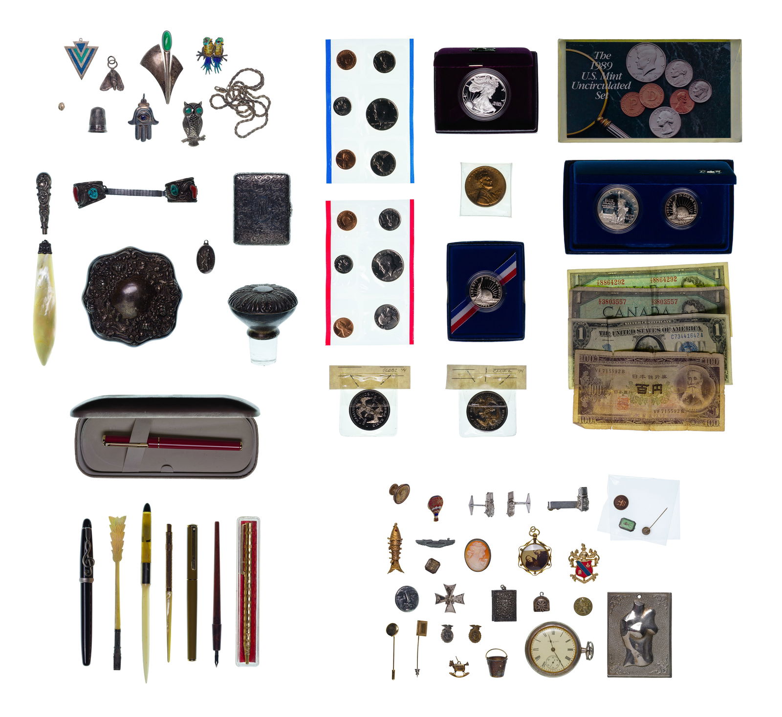 Gold, Silver and Coin Assortment: Gold, Silver and Coin Assortment Including a dental inlay (unmarked 18k), a necklace, pins, bracelets, pendants and fragments (most marked '925' / 'sterling') as well as paper currency, coins,