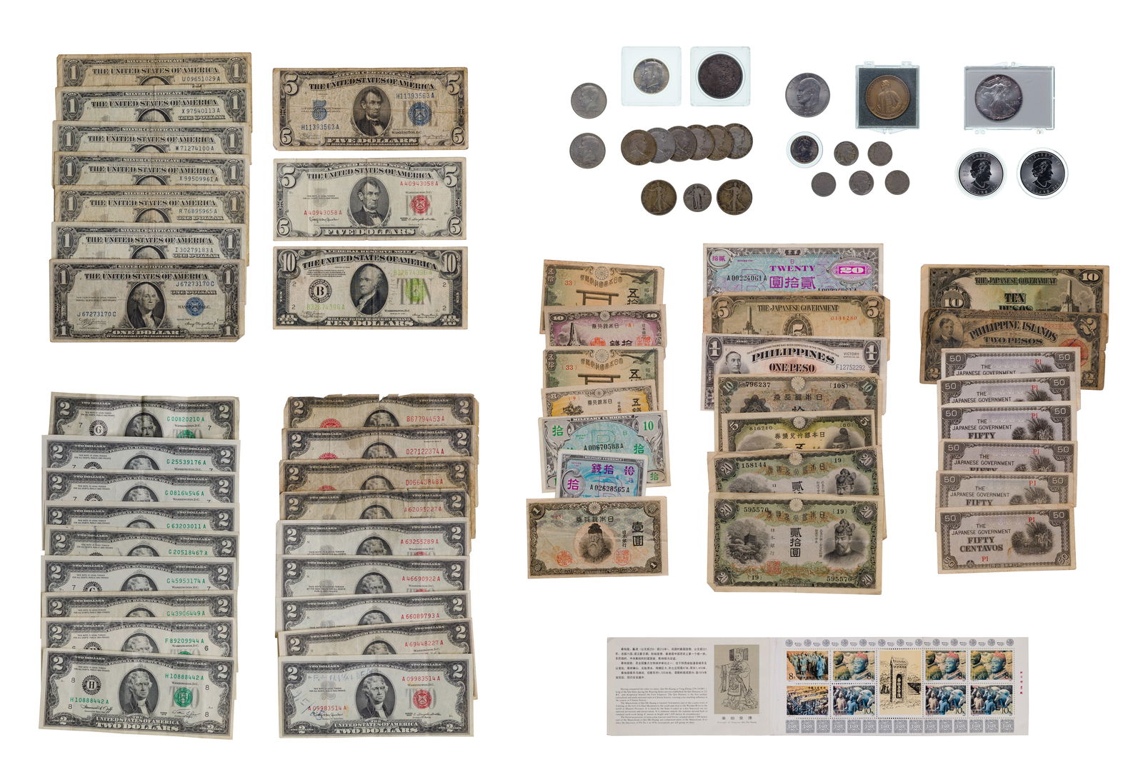 US and World Coin and Currency Assortment: US and World Coin and Currency Assortment $6.75 face value US 90% silver including a 1900 Morgan $1, a 1993 Silver Eagle $1, a 1964 Kennedy 50c, (8) Franklin 25c and a Liberty 25c as well as