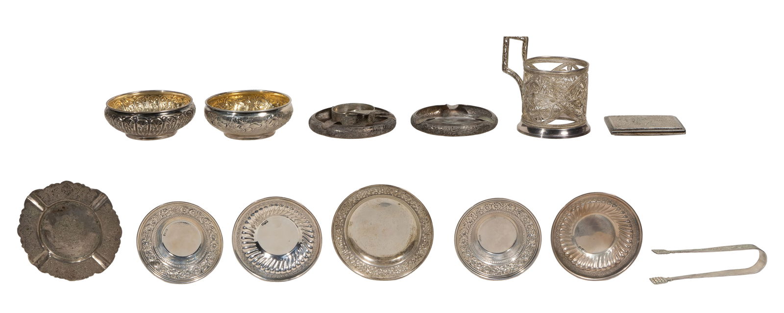 Sterling, Coin and Iranian Silver Assortment: Sterling, Coin and Iranian Silver Assortment (16) items including a plate (marked '925'), (4) trays and (2) bowls having gold-washed interiors (marked '900') all having repousse designs as well as