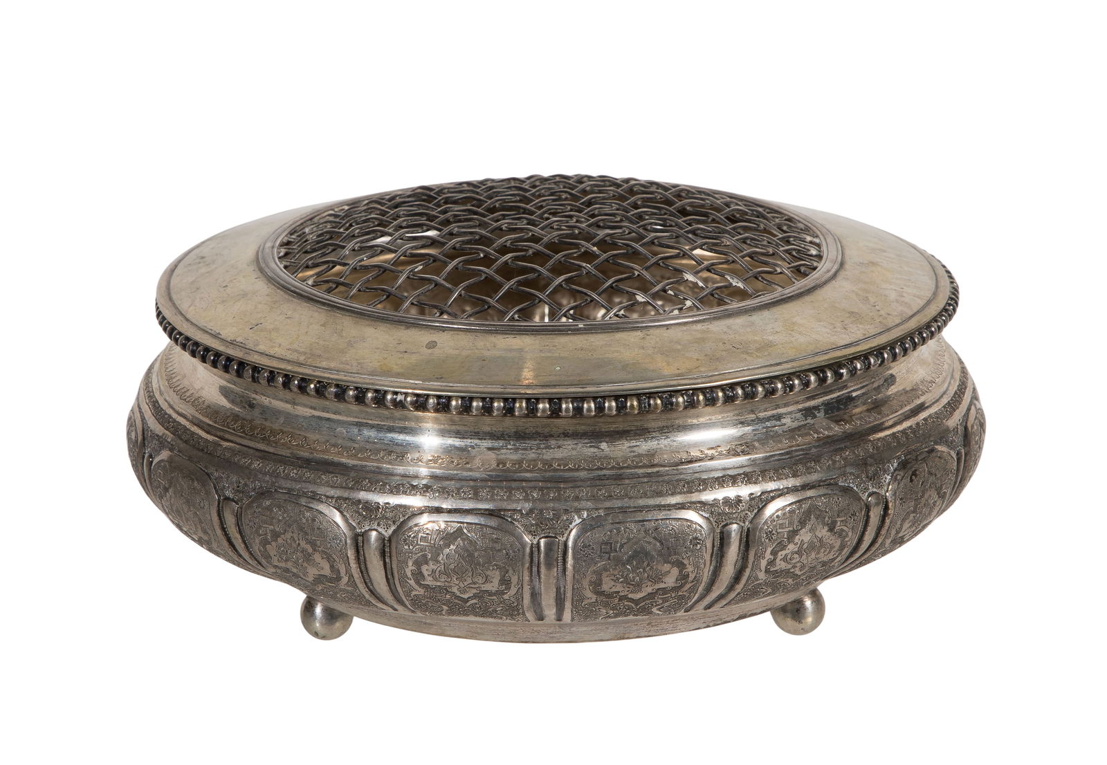Iranian Silver (875) Flower Holder with Frog: Iranian Silver (875) Flower Holder with Frog An engraved bowl having a removable grid lid (marked '84' and foreign marks) Property from: an Estate, Washington DC Height: 4 inches, Diameter: