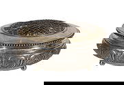 Iranian Silver (875) Flower Holder with Frog: Iranian Silver (875) Flower Holder with Frog An engraved bowl having a removable grid lid (marked '84' and foreign marks) Property from: an Estate, Washington DC Height: 4 inches, Diameter: