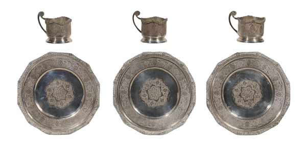 Iranian Silver Cup Holder and Plate Assortment