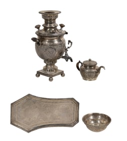 Iranian Silver Urn, Waste Bowl, Creamer and Tray