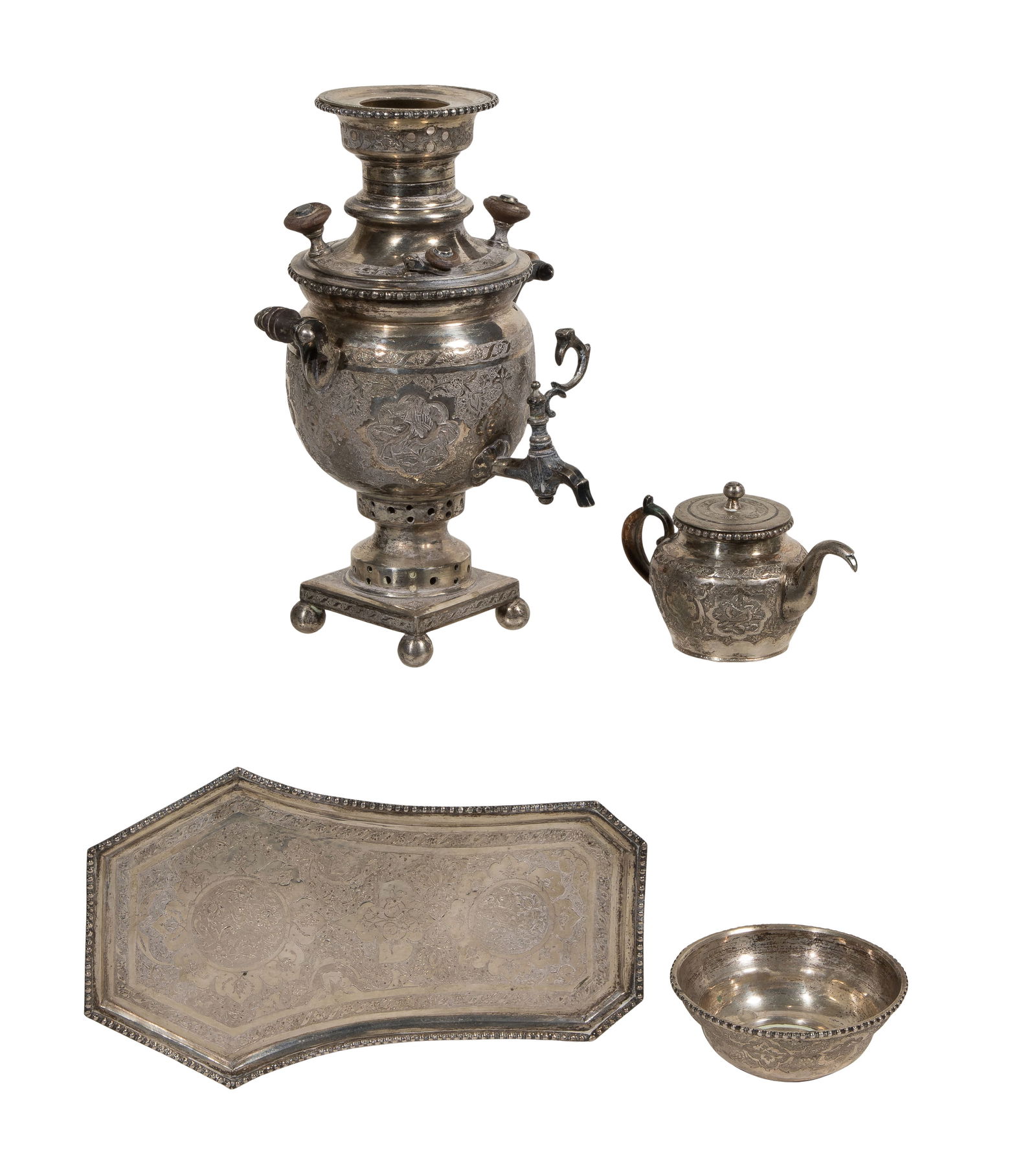 Iranian Silver Urn, Waste Bowl, Creamer and Tray: Iranian Silver Urn, Waste Bowl, Creamer and Tray (4) items including a coffee urn, a waste bowl, a covered creamer and a tray, all engraved (foreign marks) Property from: an Estate, Washington