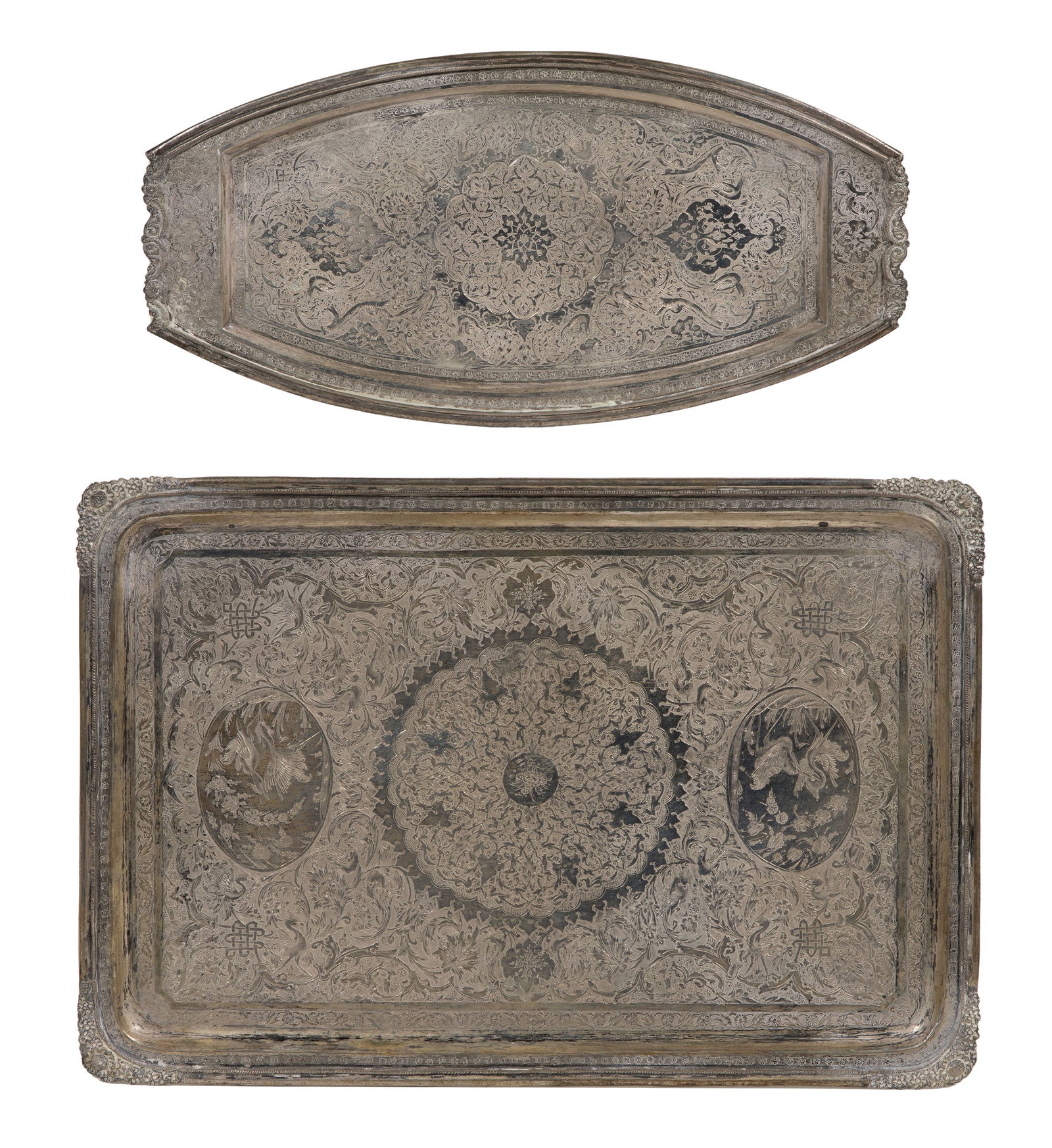 Iranian Silver Trays: Iranian Silver Trays (2) trays having engraved designs (both unmarked) Property from: an Estate, Washington DC Length: 13 7/8 inches, Width: 9 5/8 inches (larger tray) Weight: .800 silver: