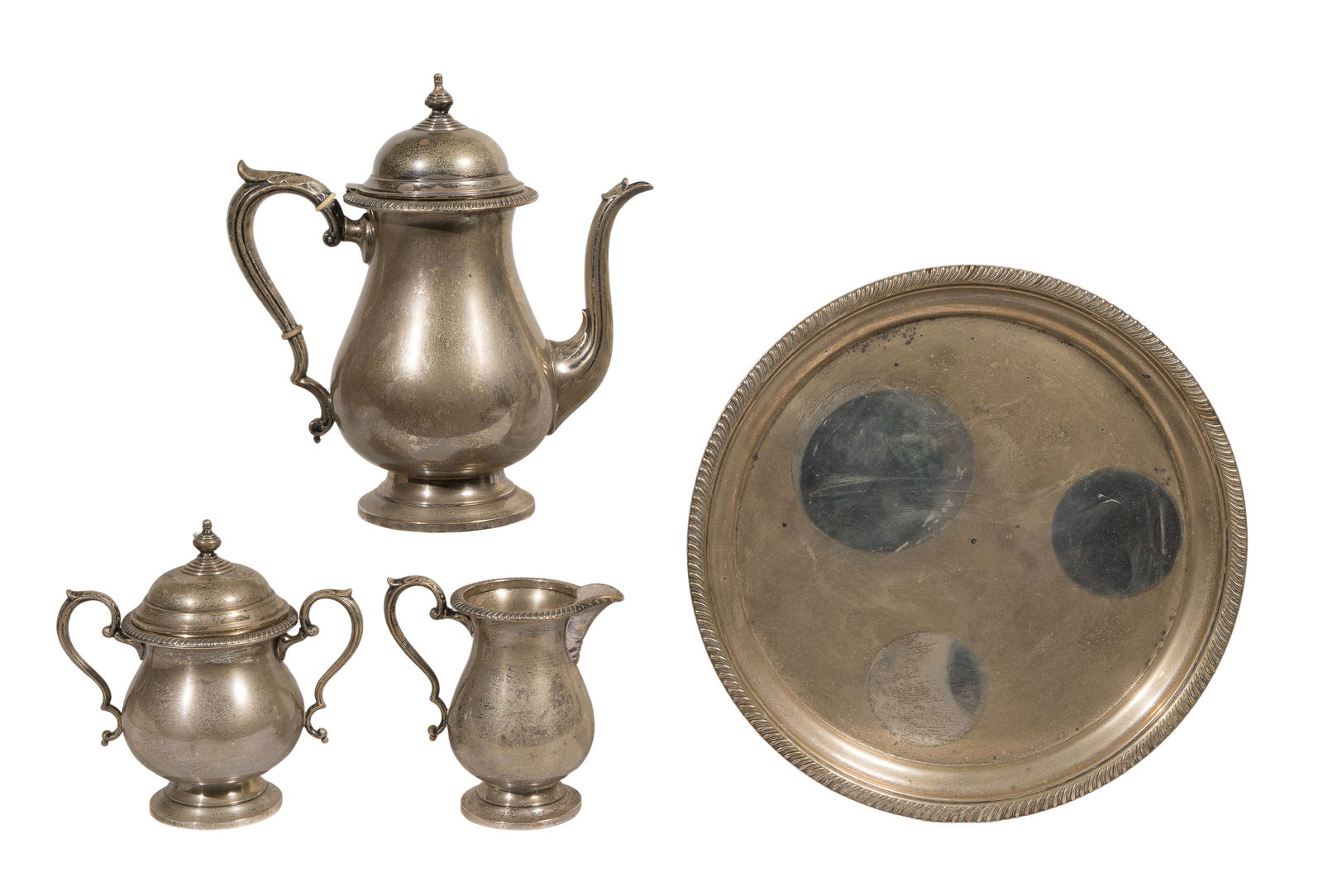 Fisher Kent Sterling Silver Beverage Service: Fisher Kent Sterling Silver Beverage Service (4) items including a coffee pot, a lidded sugar, a creamer and a tray (all marked 'sterling') Property from: an Estate, Wilmette, Illinois 