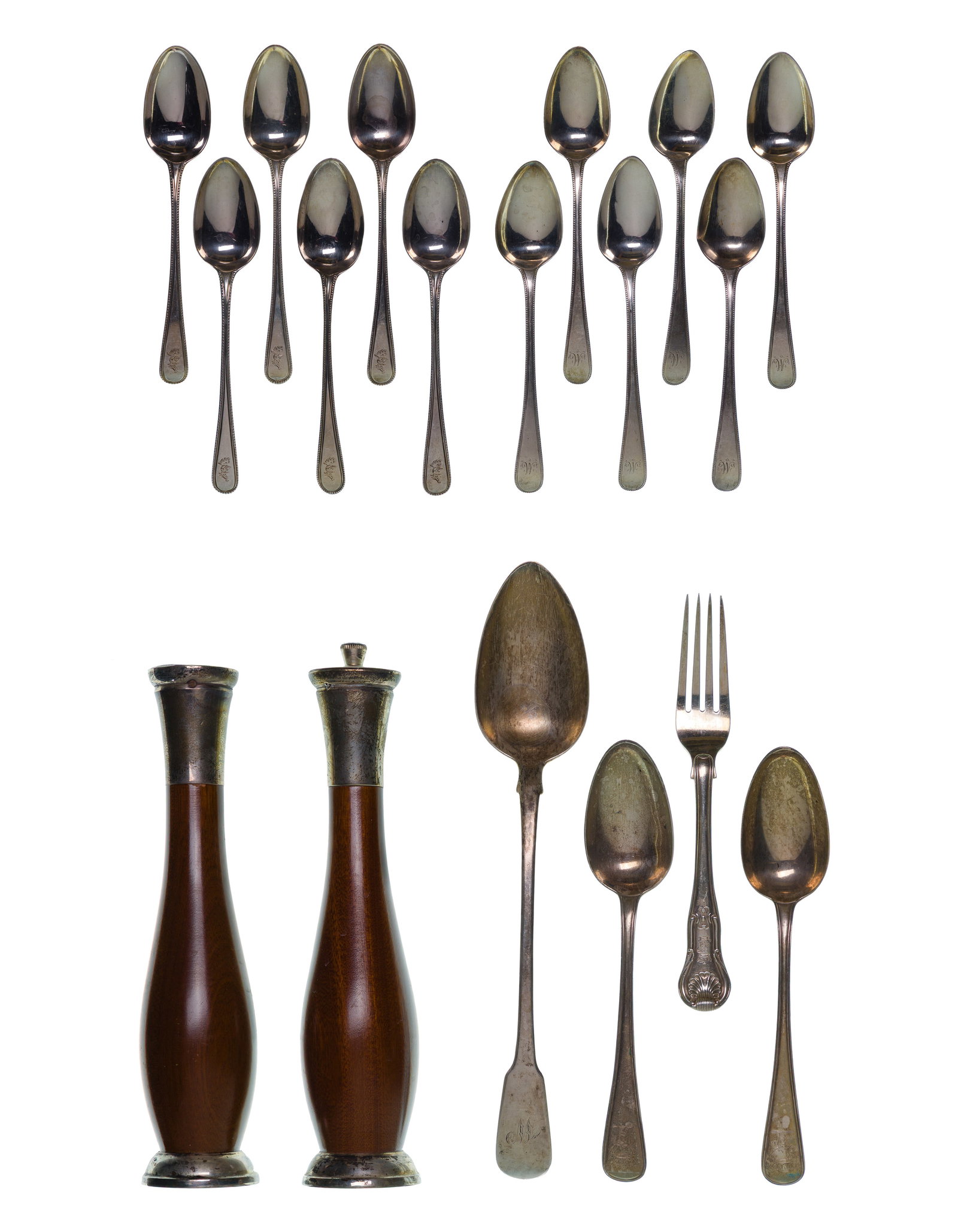 English Sterling Silver Flatware Assortment: English Sterling Silver Flatware Assortment (18) total items including (6) tablespoons monogrammed with 'W', (6) tablespoons engraved with knight, (3) serving utensils and a fork (all marked