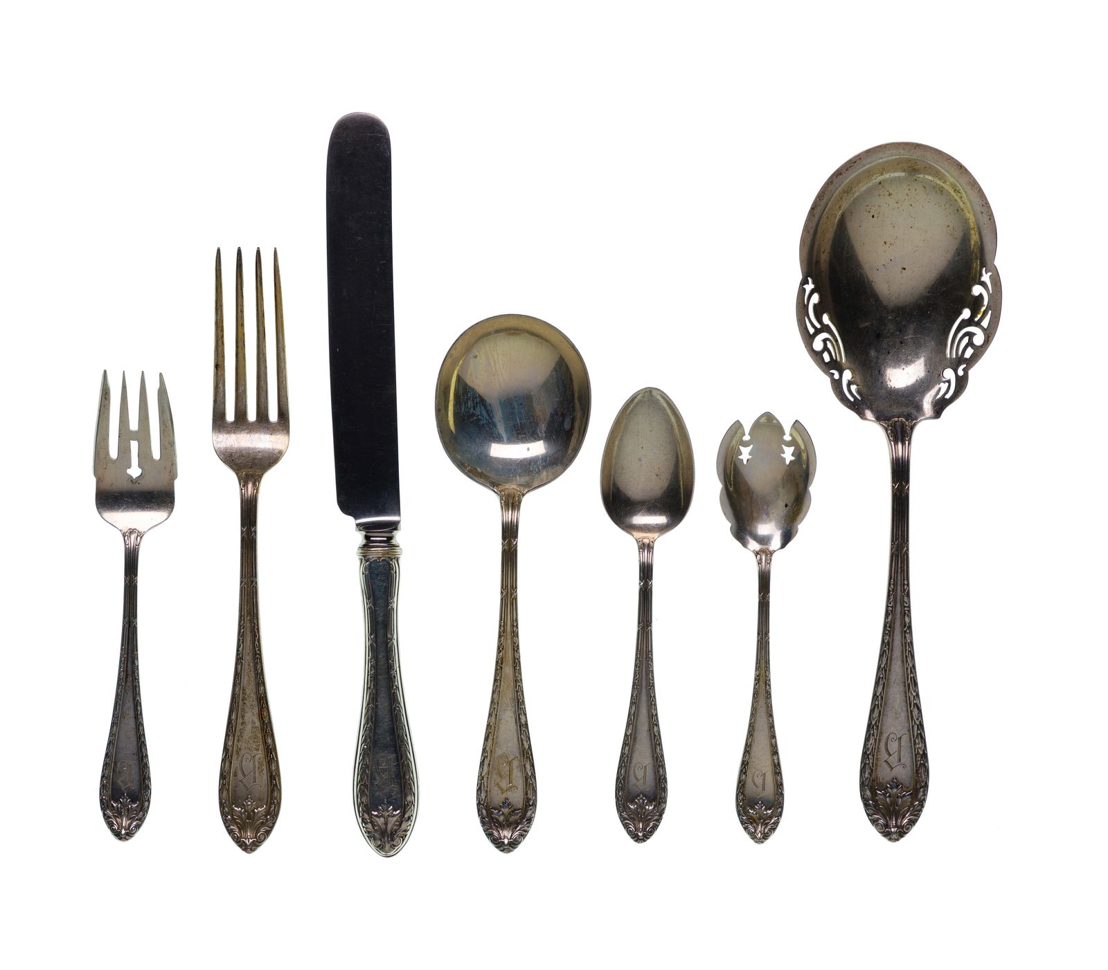 Dominick and Haff Marie Antoinette Sterling Silver Flatware Service: Dominick and Haff Marie Antoinette Sterling Silver Flatware Service (73) items including (12) 9 1/2-inch dinner knives, (12) 7 3/4-inch dinner forks, (12) 6 1/2-inch salad forks, (12) 5-inch ice