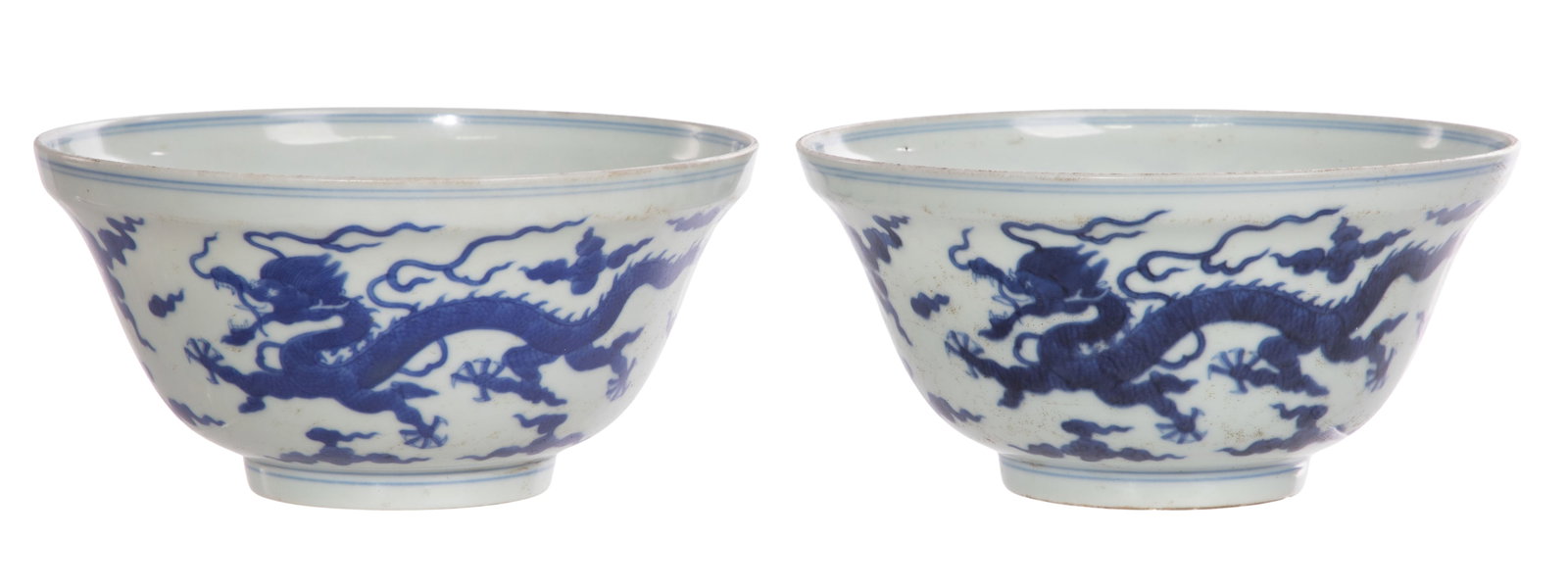 Chinese Blue and White Porcelain Bowls: Chinese Blue and White Porcelain Bowls A pair having underglaze blue dragon and cloud decoration, Daoguang archaic seal mark to undersides Property from: a Private Collector, Sanford, Florida Height: