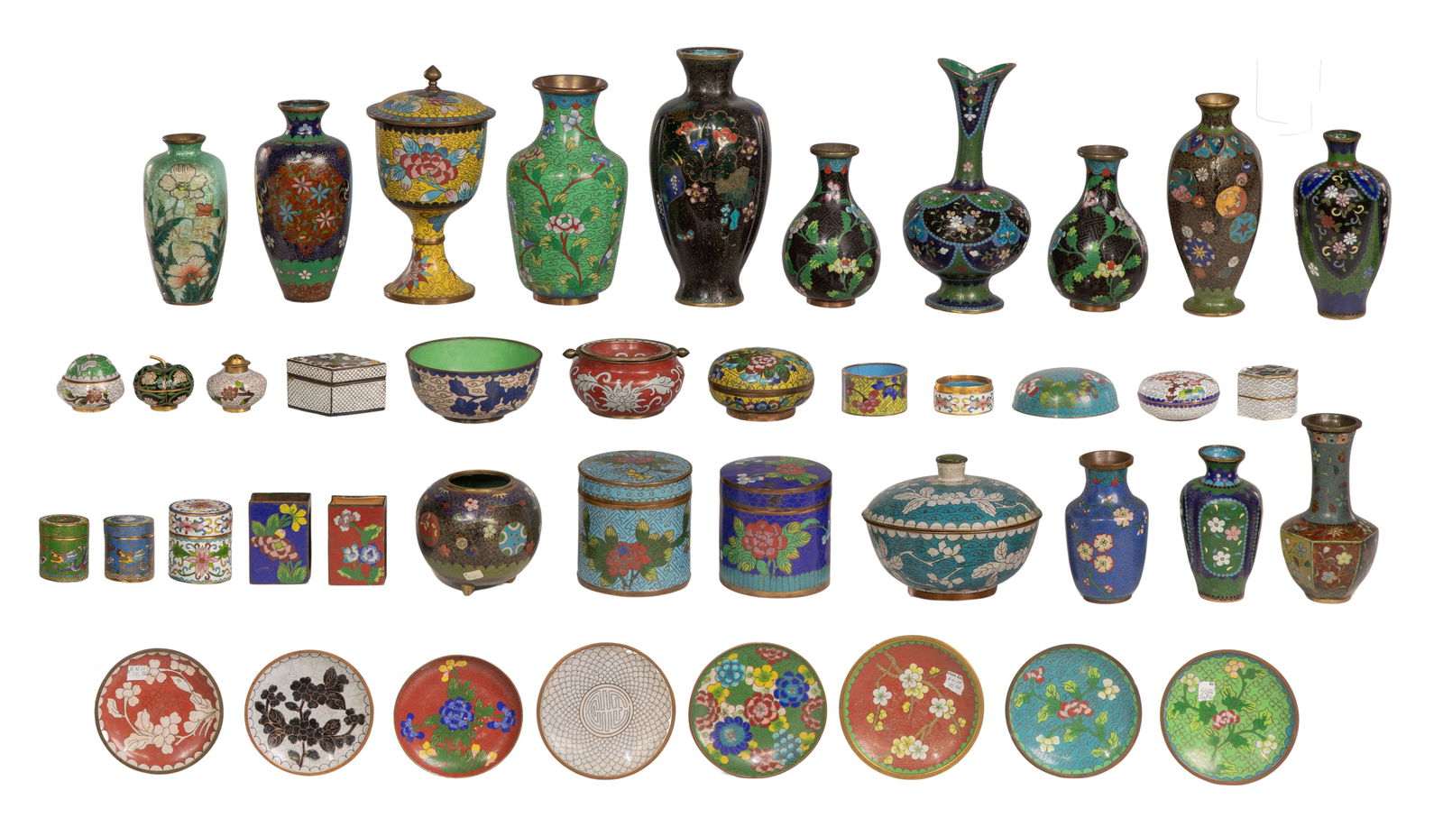 Asian Cloisonne Assortment: Asian Cloisonne Assortment Approximately (40) items of various shapes, sizes, motifs and colors including vases, trinket dishes, boxes, bowls and urns Property from: an Estate, Johnsburg, Illinois Hei