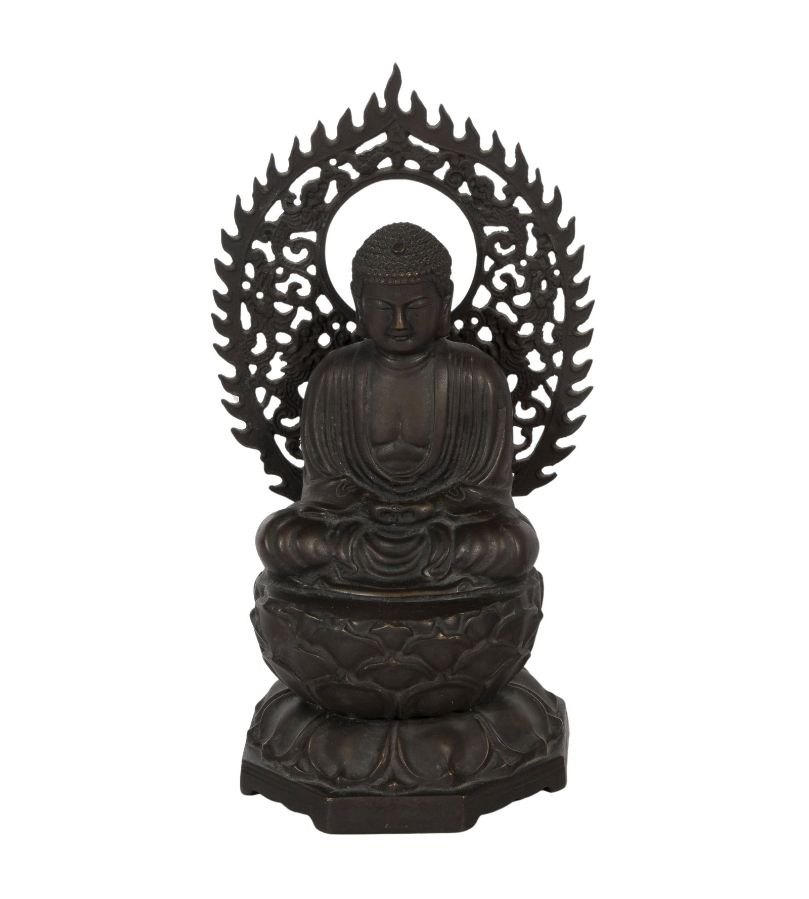 Asian Bronze Sculpture: Asian Bronze Sculpture A Chinese depiction of the Shakyamuni Buddha having a flaming halo on a lotus base, unmarked Property from: an Estate, Wilmette, Illinois Height: 14 inches, Width: 8 inches, Dep