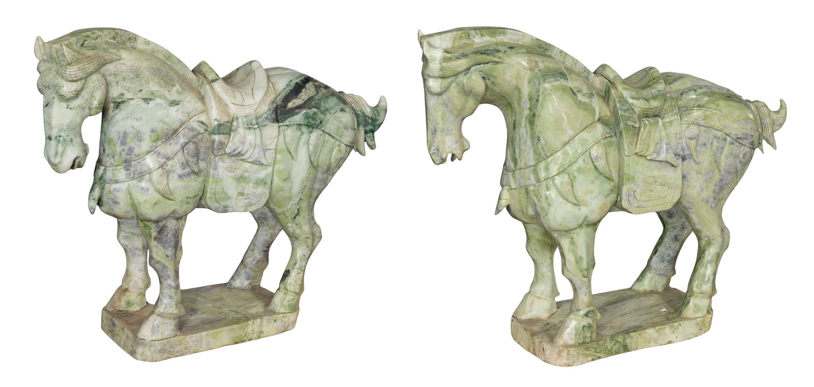 Chinese Tang Style Jadeite Jade Horses: Chinese Tang Style Jadeite Jade Horses A pair of carved banded gray jadeite jade horse figures Property from: an Estate, Mt. Horeb, Wisconsin Height: 25 inches, Width: 31 1/2 inches, Depth: