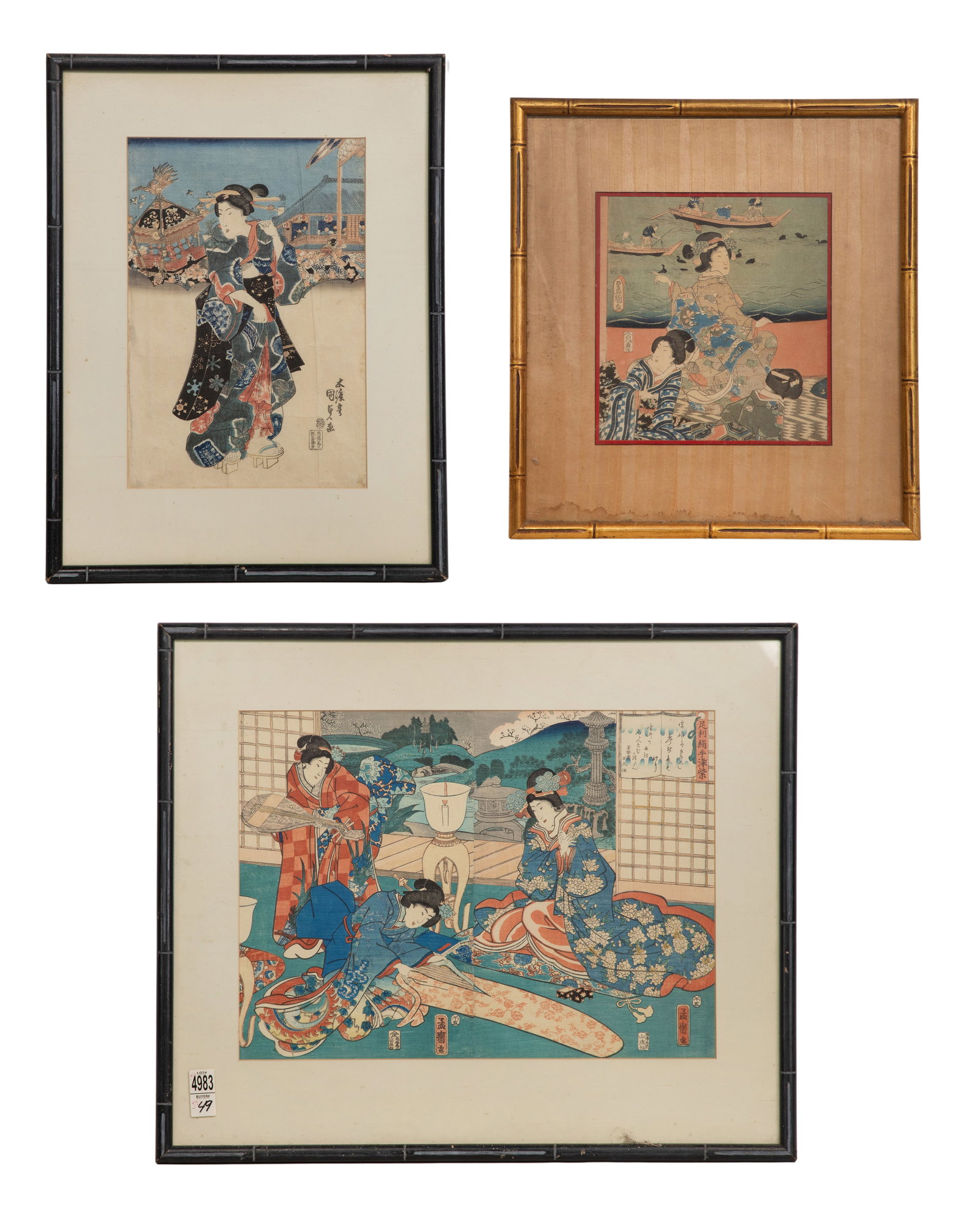 Japanese Woodblock Print Assortment: Japanese Woodblock Print Assortment (3) items including 'Watching Cormorant Fishing from a Pleasure Boat', a Geisha's debut and two cut down woodblocks joined together as one, all having a form of